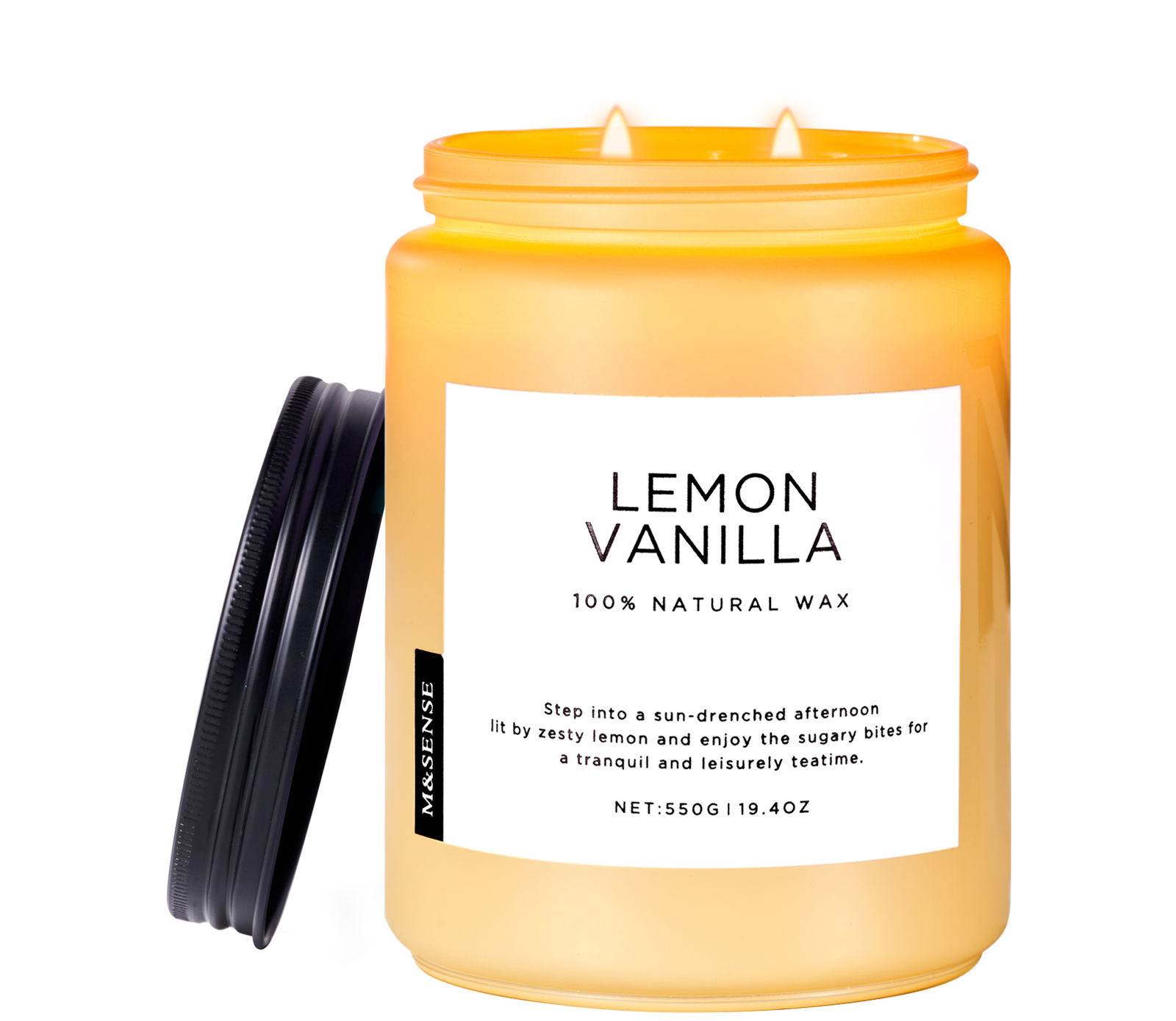 Lemon Vanilla candle with a label on a white background