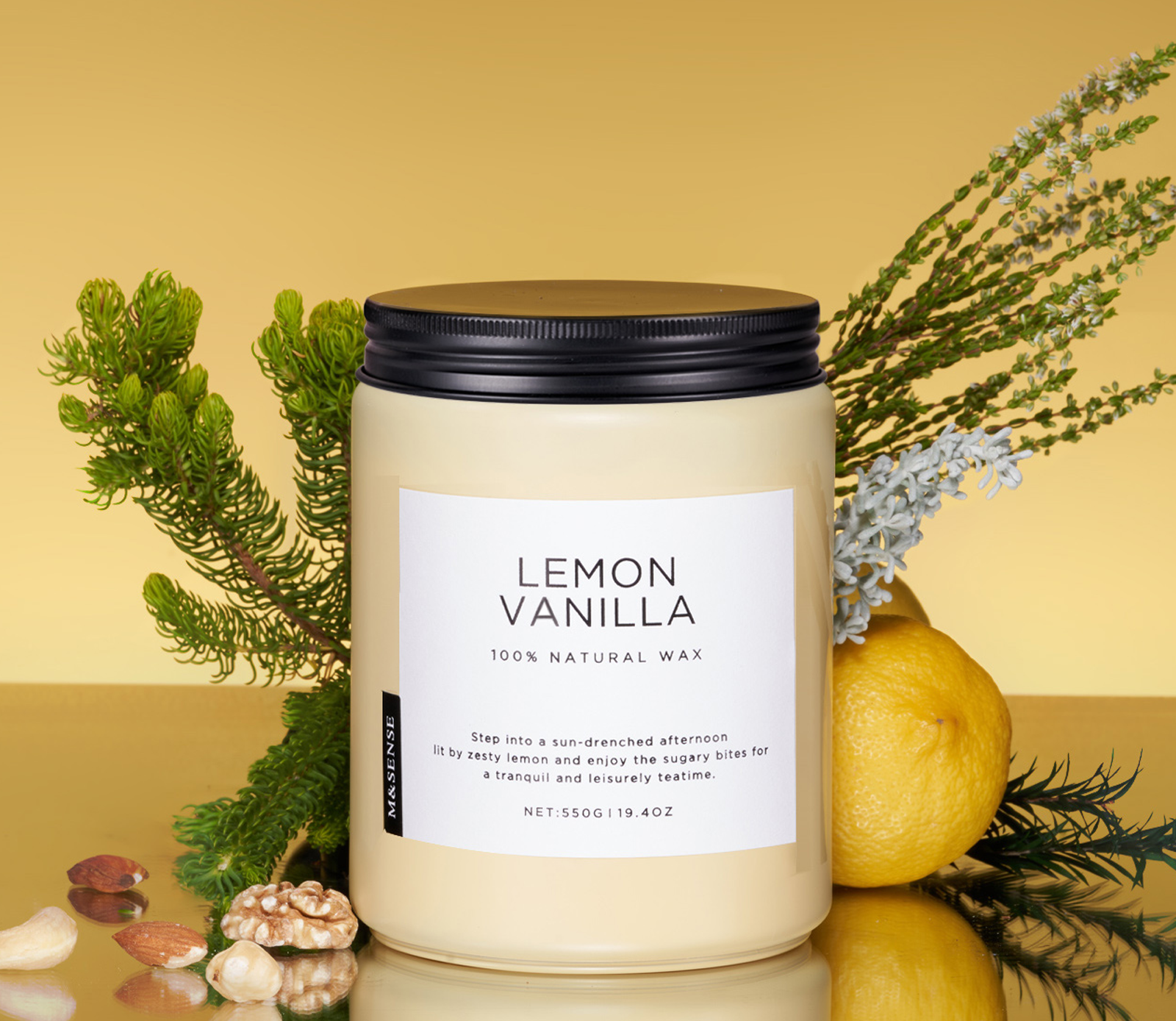 Candle labeled 'Lemon Vanilla' with natural elements on a reflective surface and yellow background
