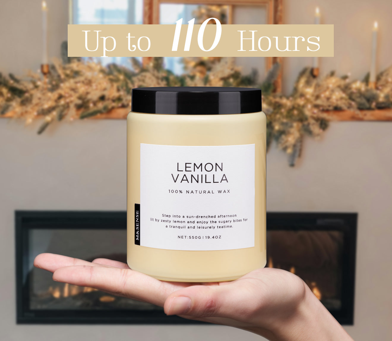Lemon Vanilla scented candle held in a palm, showcasing its 110-hour maximum burn time.