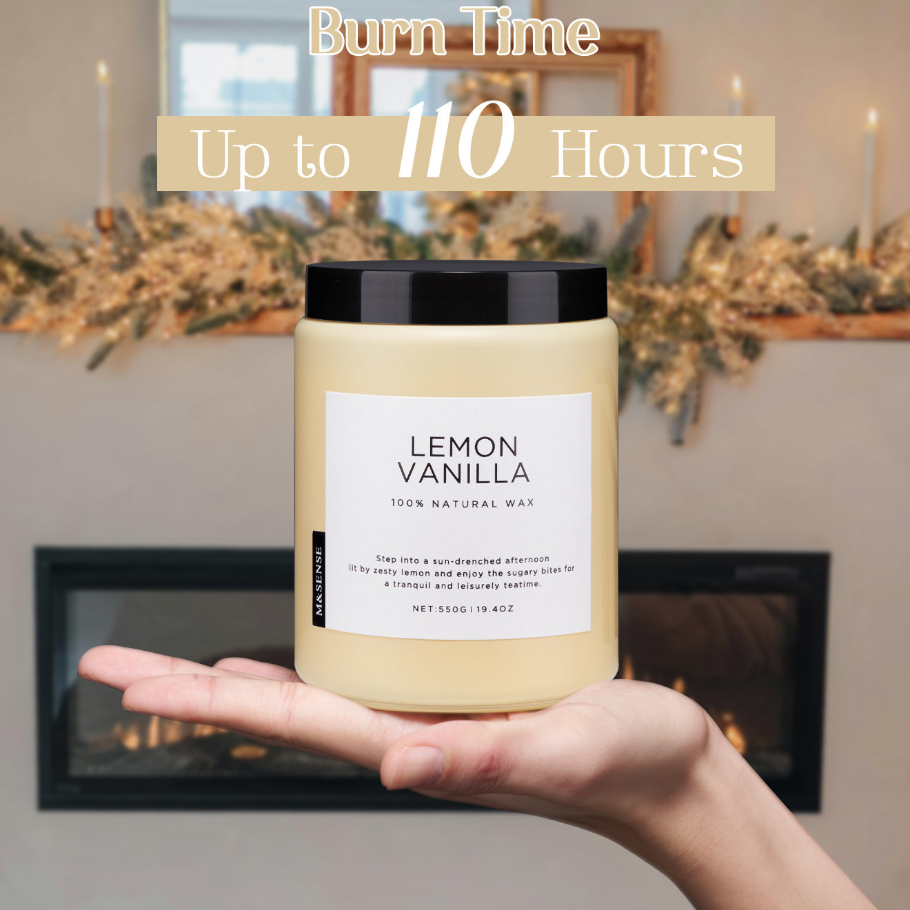 Lemon Vanilla scented candle held in a palm, showcasing its 110-hour maximum burn time.