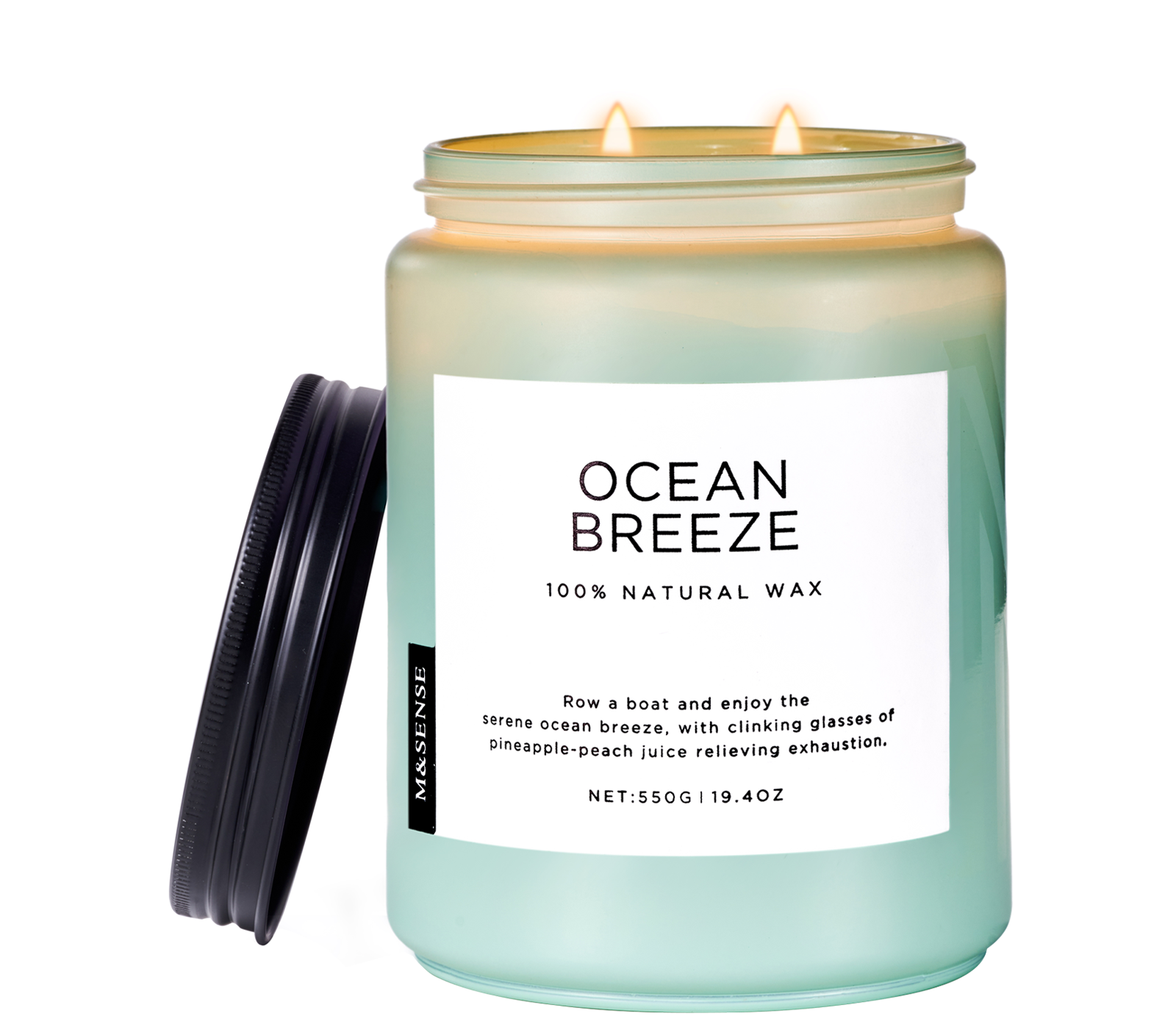 Candle labeled 'Ocean Breeze' with a white label on a light background