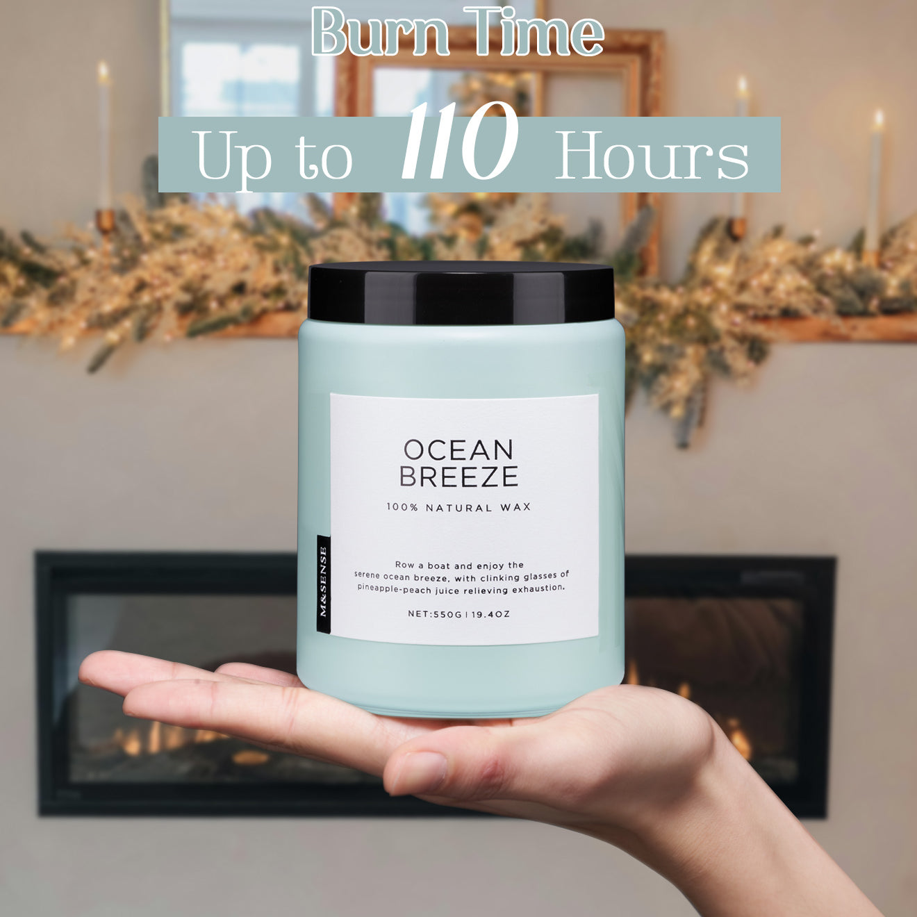 Ocean Breeze scented candle held in a palm, showcasing its 110-hour maximum burn time