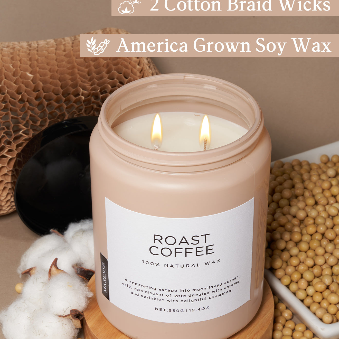 Roast Coffee candle with soy wax and cotton wick, shown with cotton, soybeans, and recyclable packaging.
