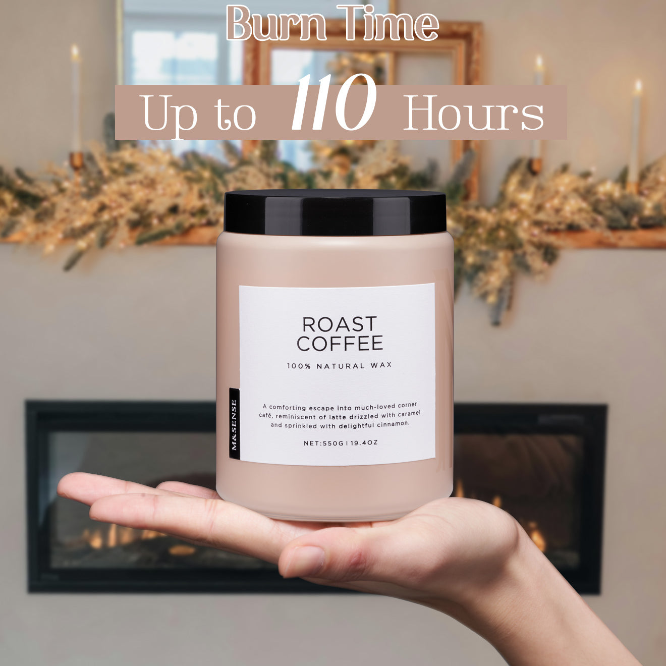 Roast Coffee scented candle held in a palm, showcasing its 110-hour maximum burn time