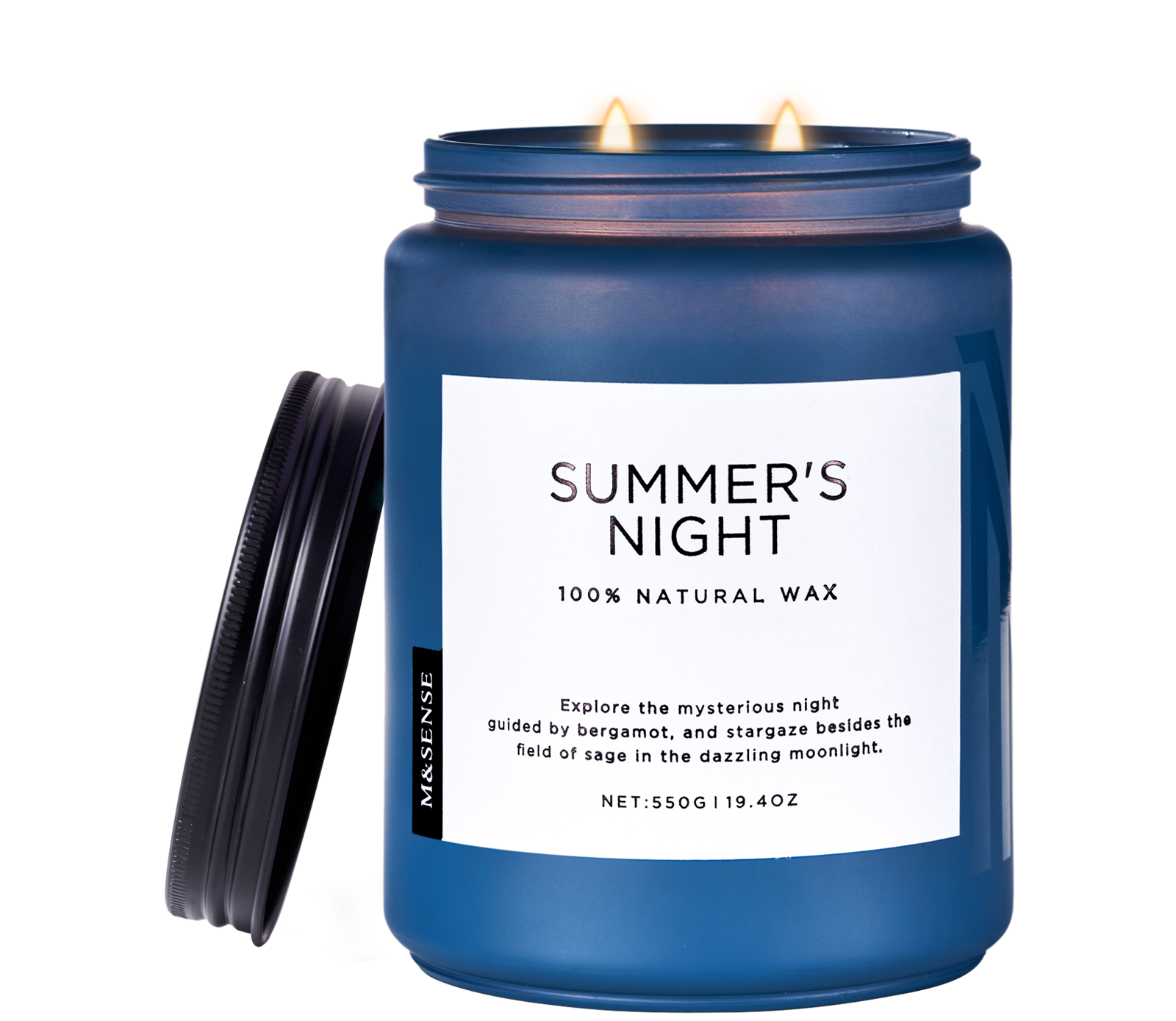 Blue candle with 'Summer's Night' label on a white background
