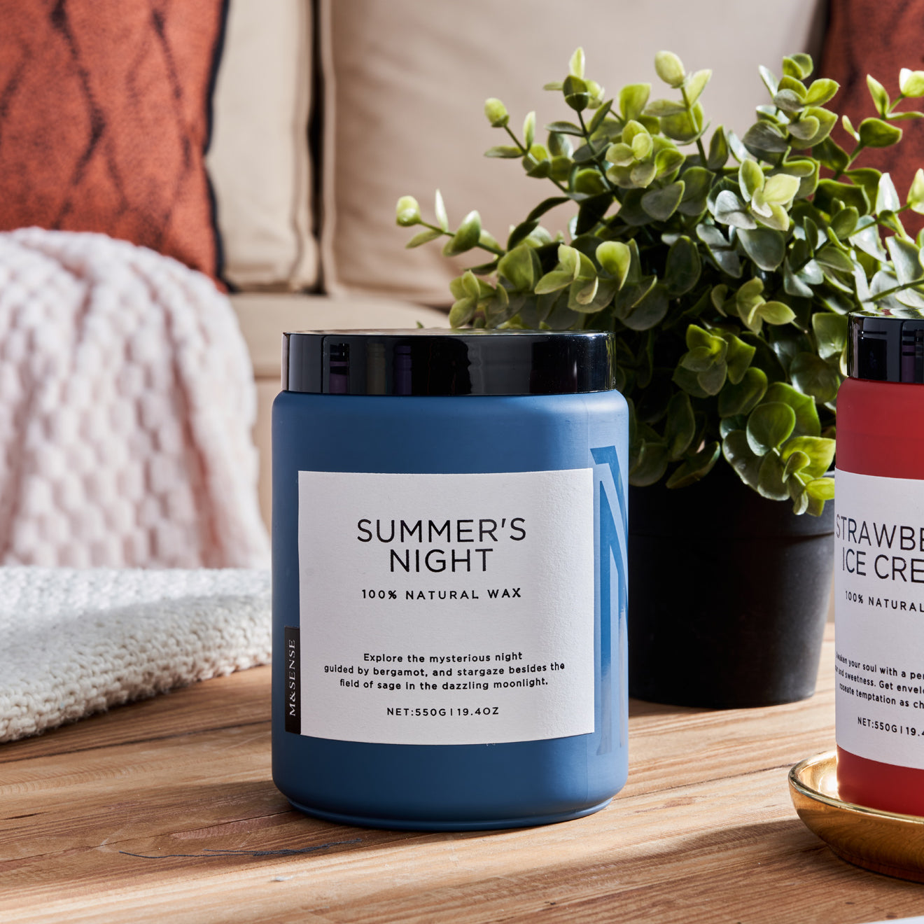 Blue Summer's Night scented candle on a wooden table with a green plant, against a sofa background.