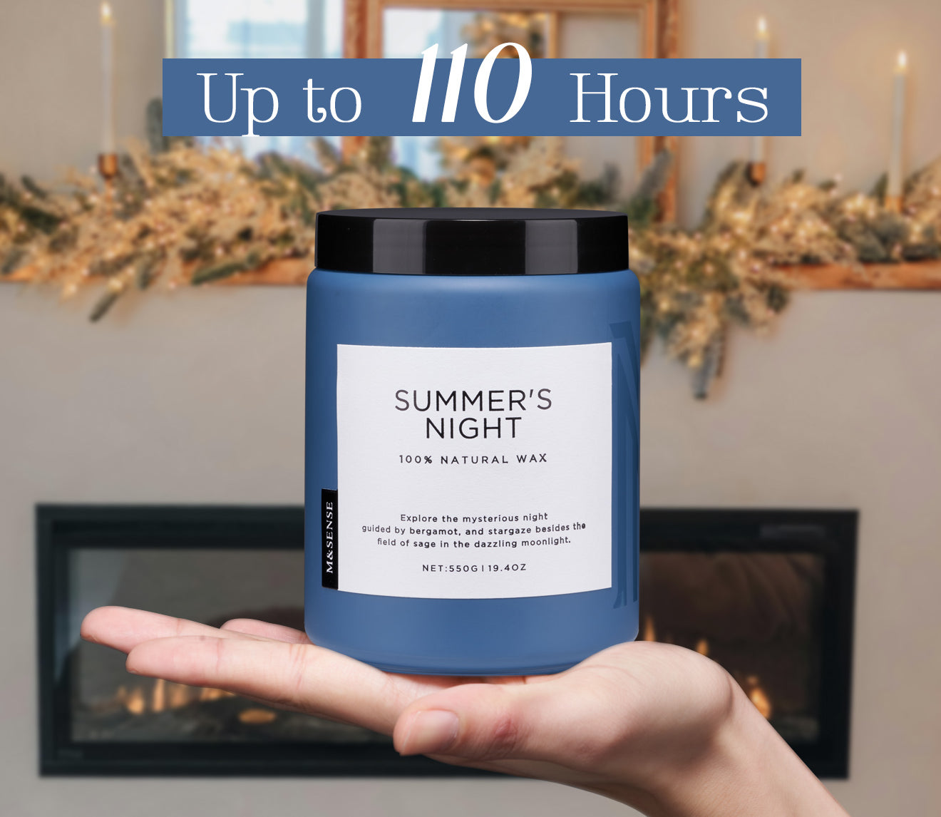 Summer's Night scented candle held in a palm, showcasing its 110-hour maximum burn time.