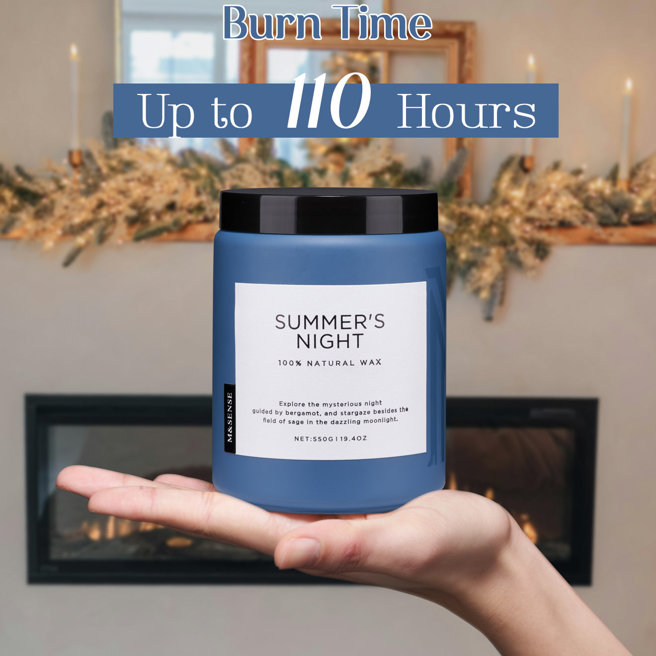 Summer's Night scented candle held in a palm, showcasing its 110-hour maximum burn time.