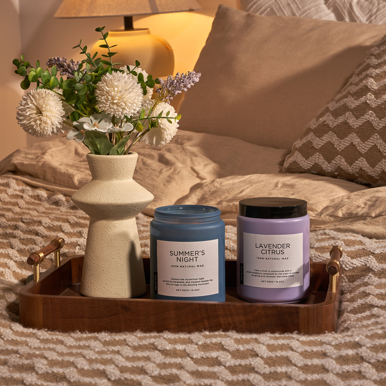 Bedroom decor with Summer's Night and Lavender Citrus scented candles on wooden tray beside vase