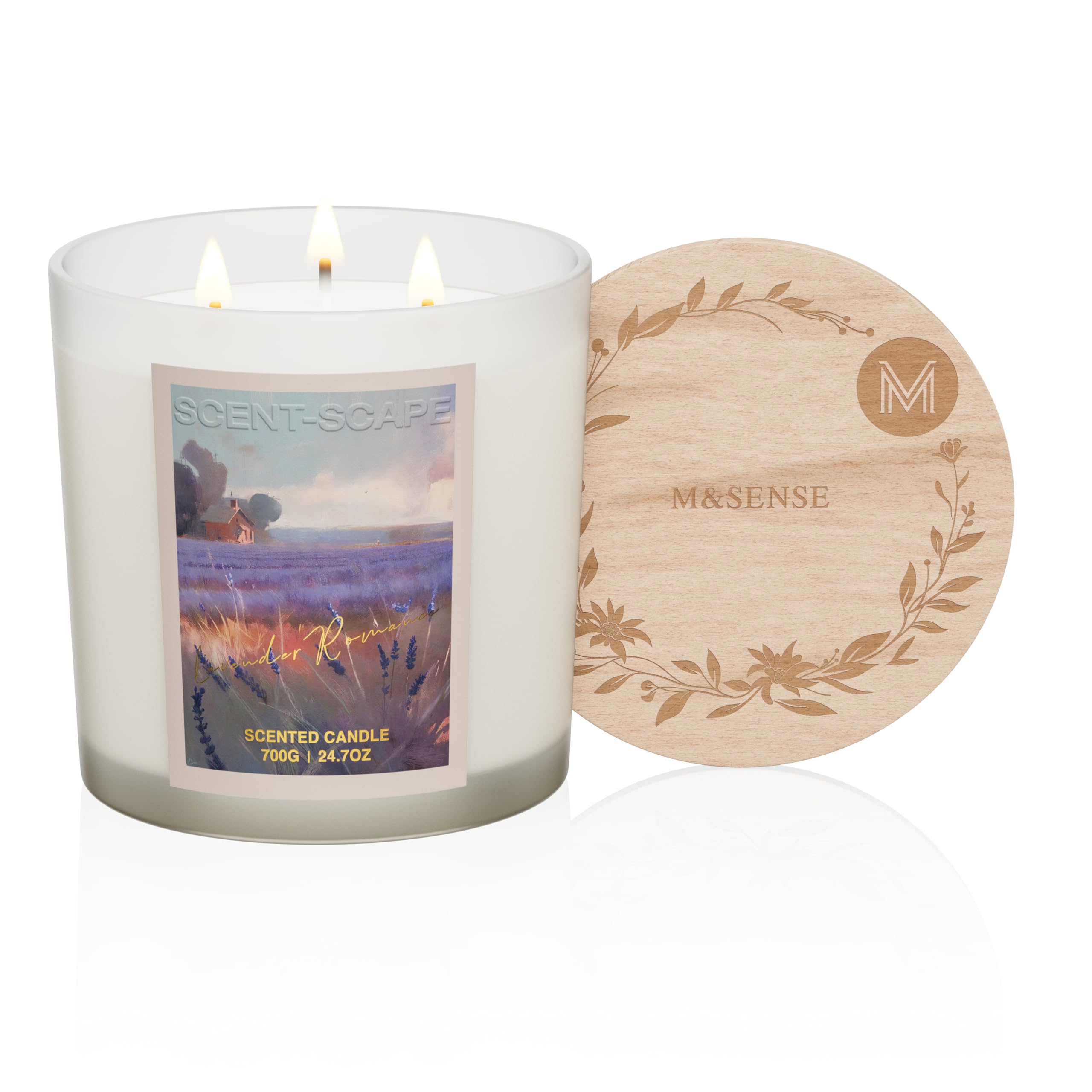 Scented candle with a wooden coaster featuring 'M&SENSE' branding on a white background
