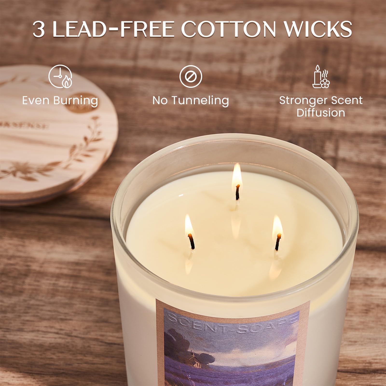 Candle with three lead-free cotton wicks on a wooden surface, featuring text about wick qualities.