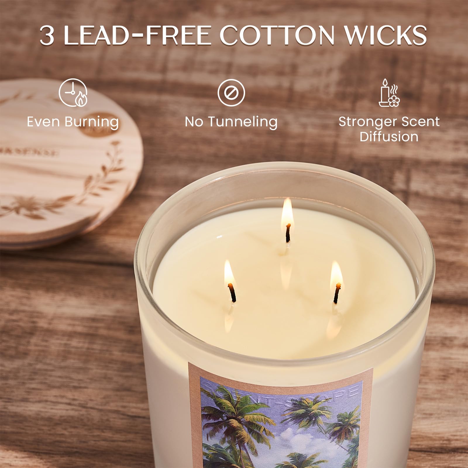 Candle with three lead-free cotton wicks on a wooden surface