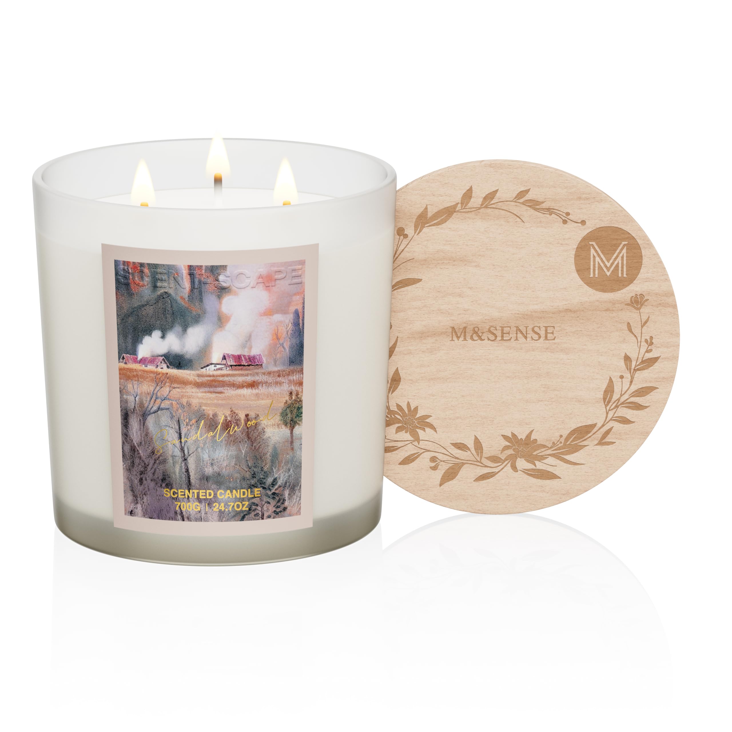 Scented candle with wooden coaster featuring M&Sense logo on a white background