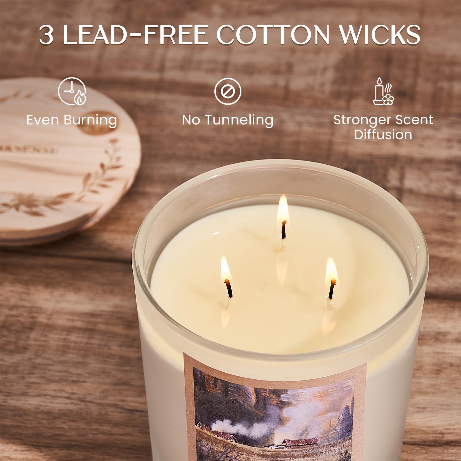 Candle with three lead-free cotton wicks on a wooden surface