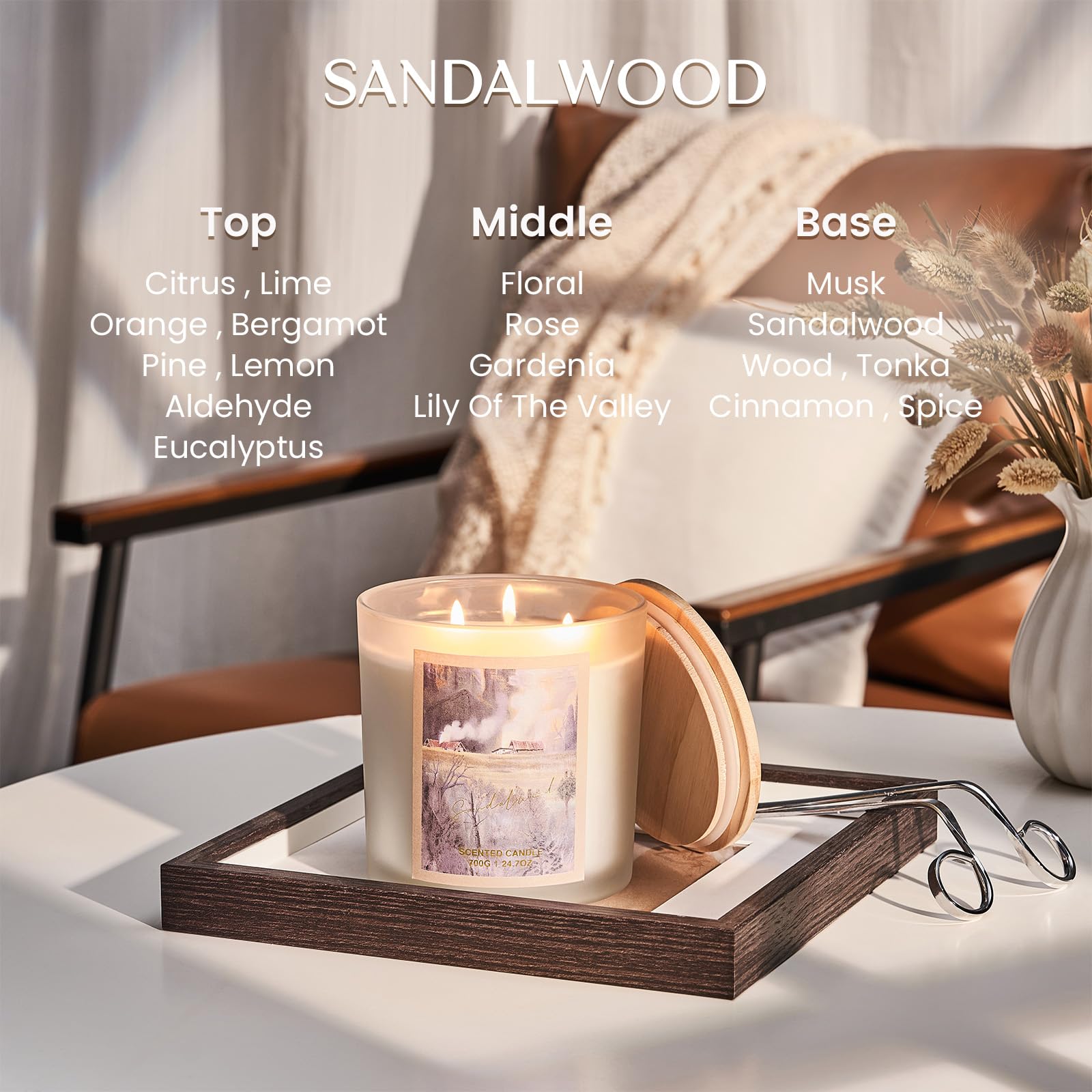 Sandalwood candle on a wooden tray with scents listed above, in a cozy room setting.
