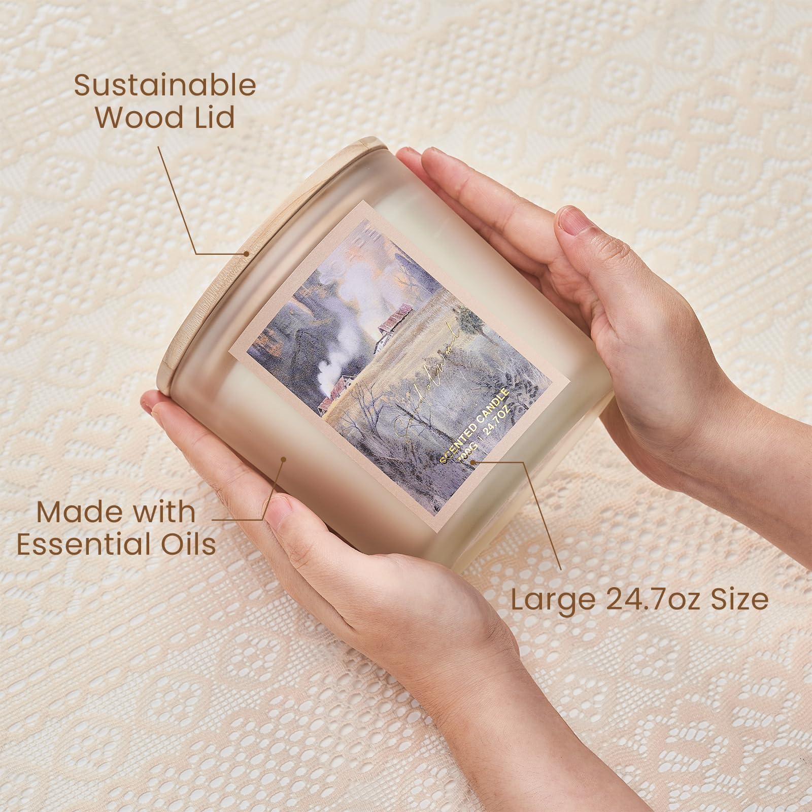 Hand holding a large 24.7oz size product with text highlighting features like sustainable wood lid and essential oils.