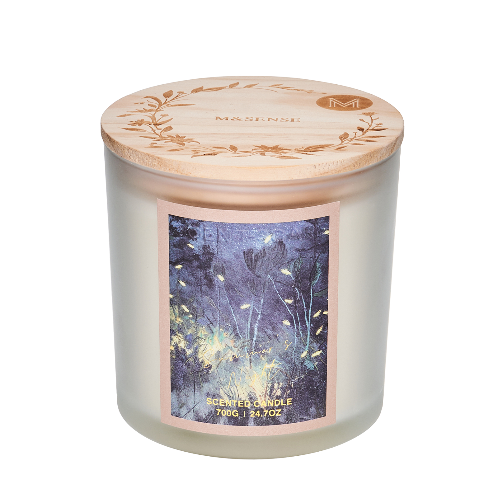 Scented candle with wooden lid and decorative label on a white background