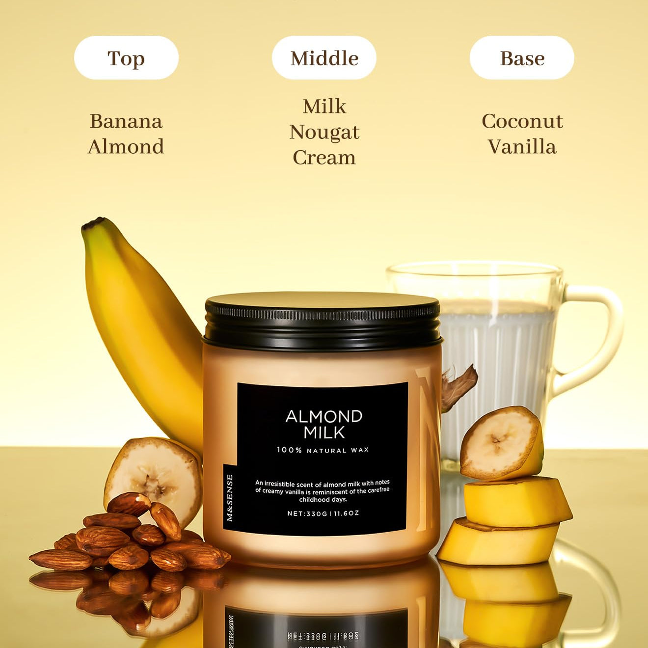 Candle labeled 'Almond Milk' with banana, almond, and coffee mug imagery on a beige background