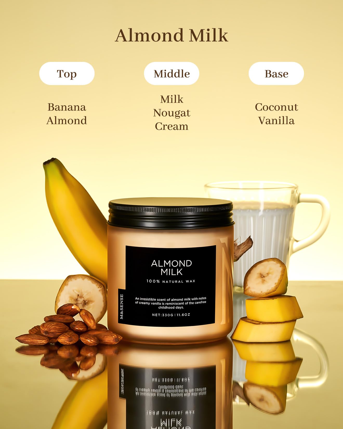 Candle labeled 'Almond Milk' with banana, almond, and coffee mug imagery on a beige background