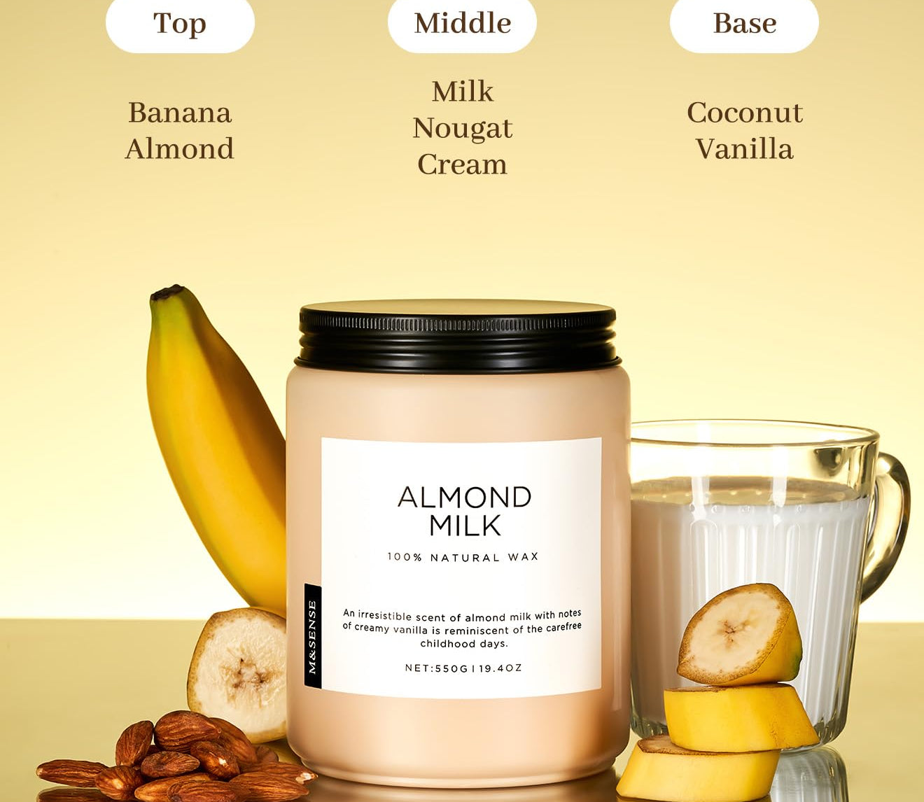 Almond milk candle with banana, almond, and glass elements on a beige background