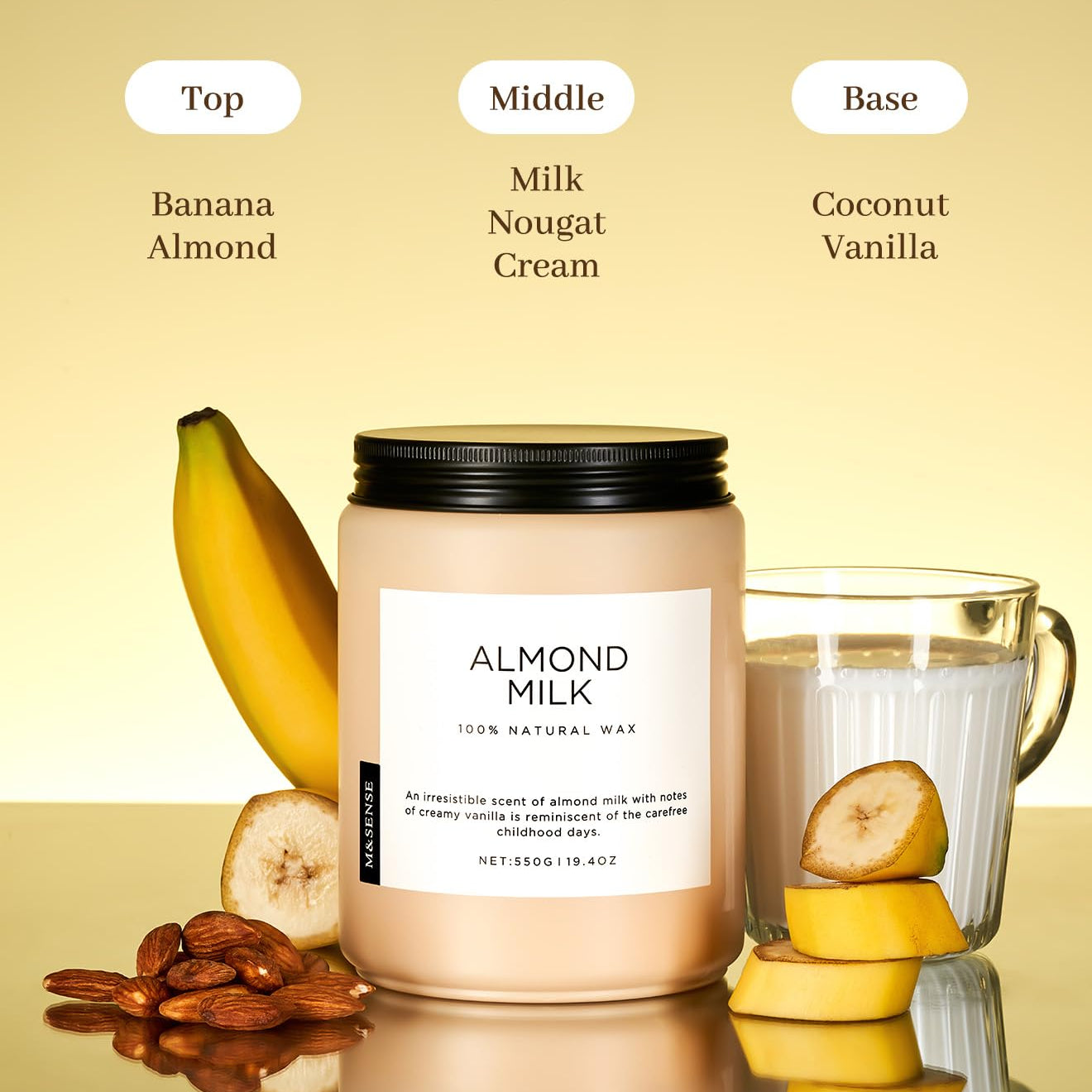 Almond milk candle with banana, almond, and glass elements on a beige background