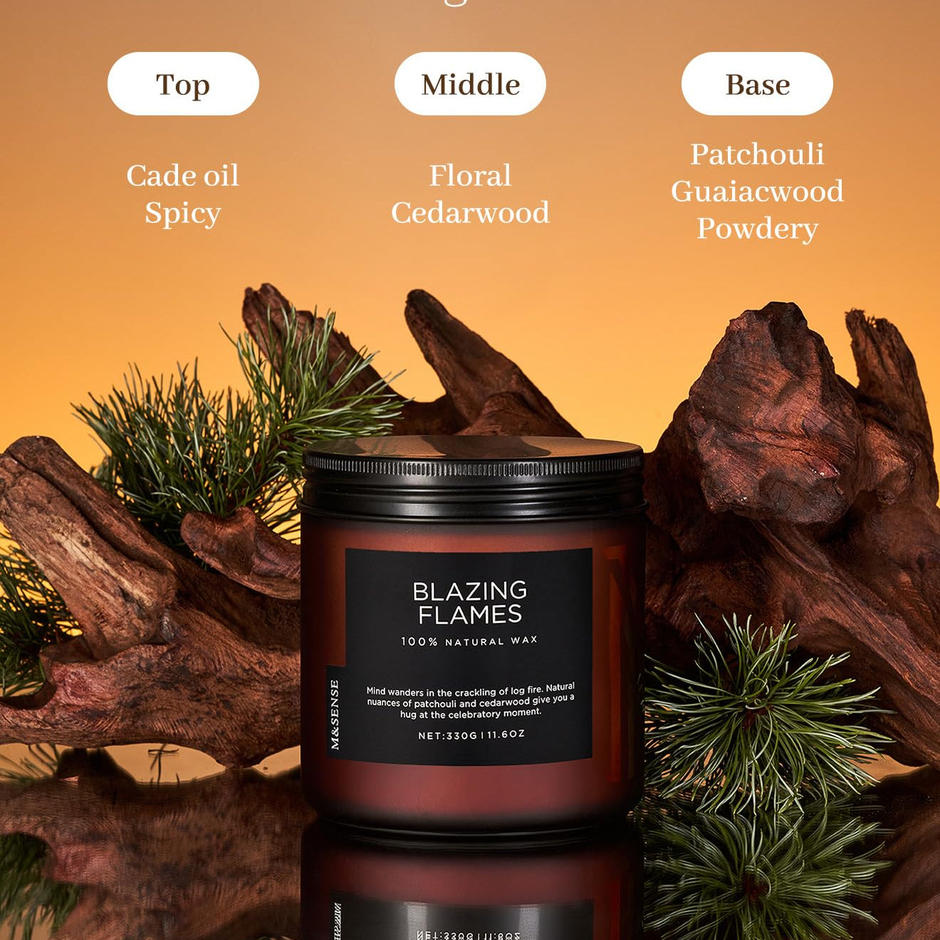 Candle labeled 'Blazing Flames' with ingredients listed on an orange background