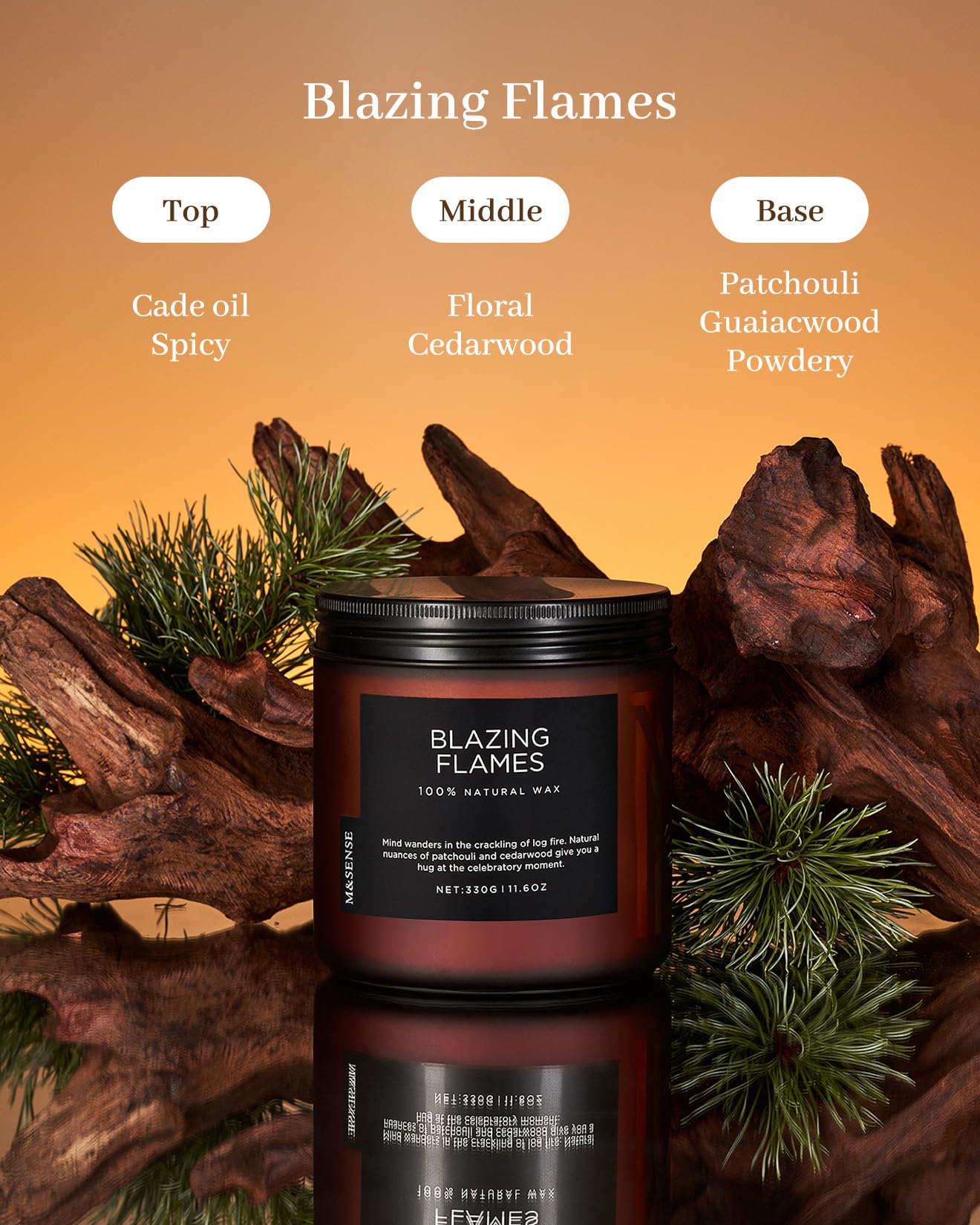 Candle labeled 'Blazing Flames' with ingredients listed on an orange background