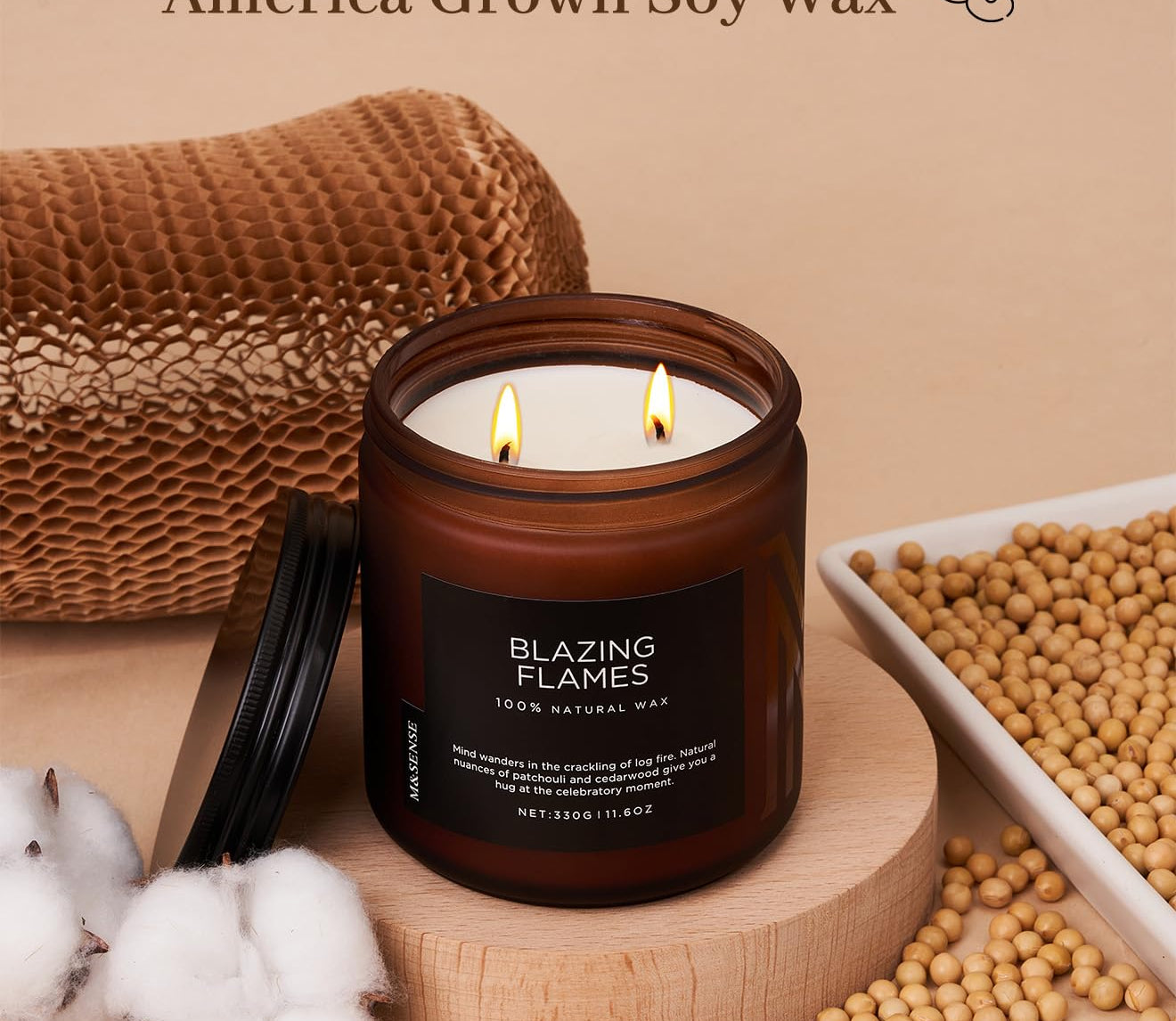 Candle with cotton braid wicks and soy wax on a beige background