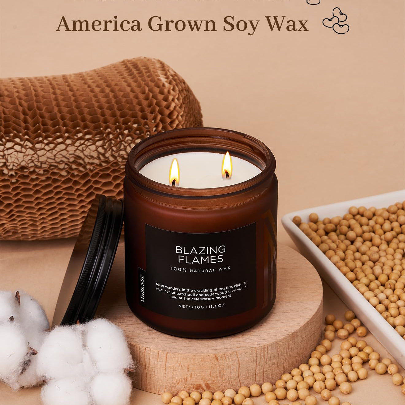 Candle with cotton braid wicks and soy wax on a beige background