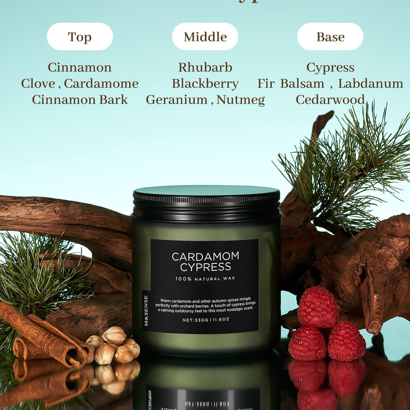Cardamom Cypress candle with ingredients listed on a reflective surface and natural elements.