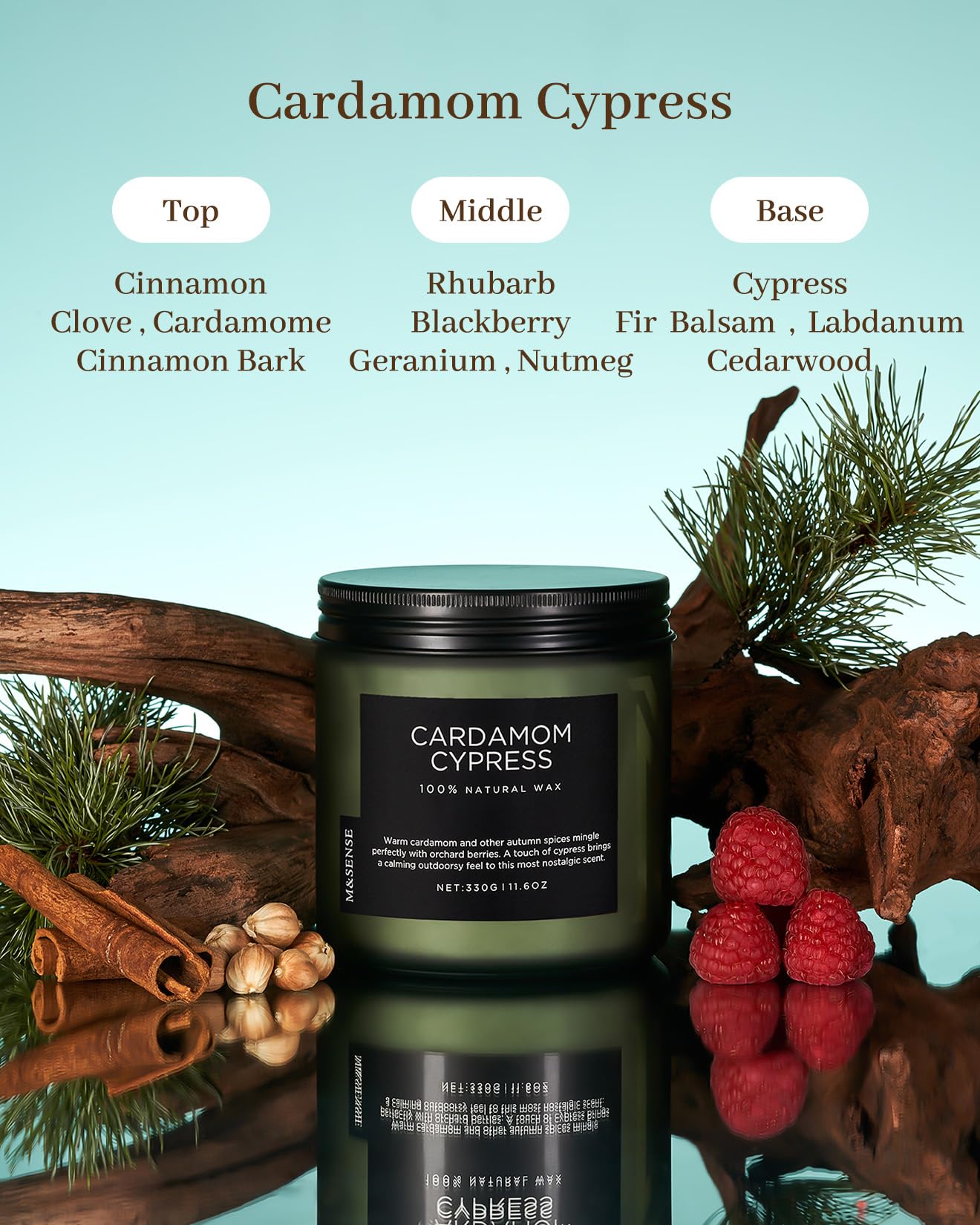 Cardamom Cypress candle with ingredients listed on a reflective surface and natural elements.