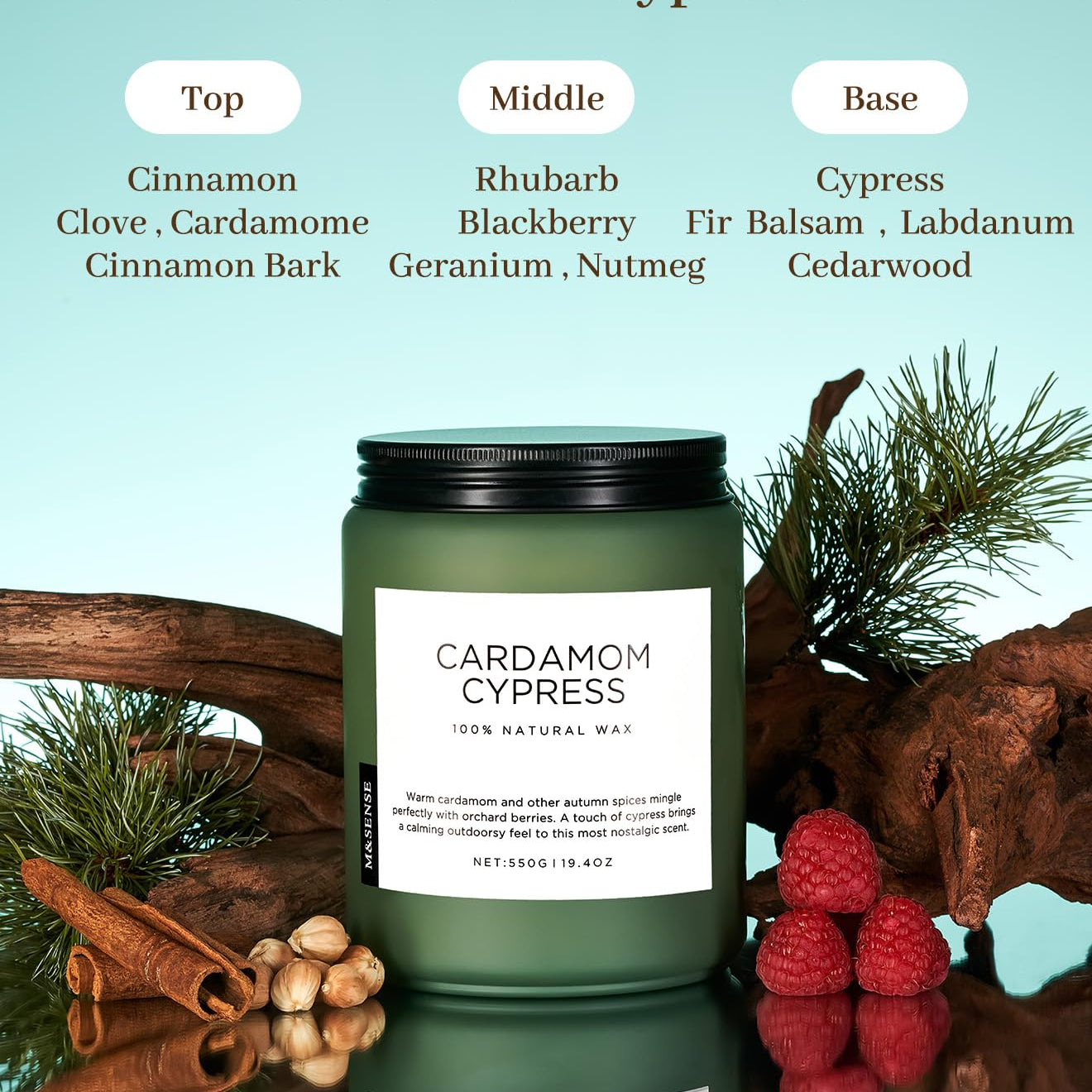 Cardamom Cypress candle with fragrance notes on a reflective surface