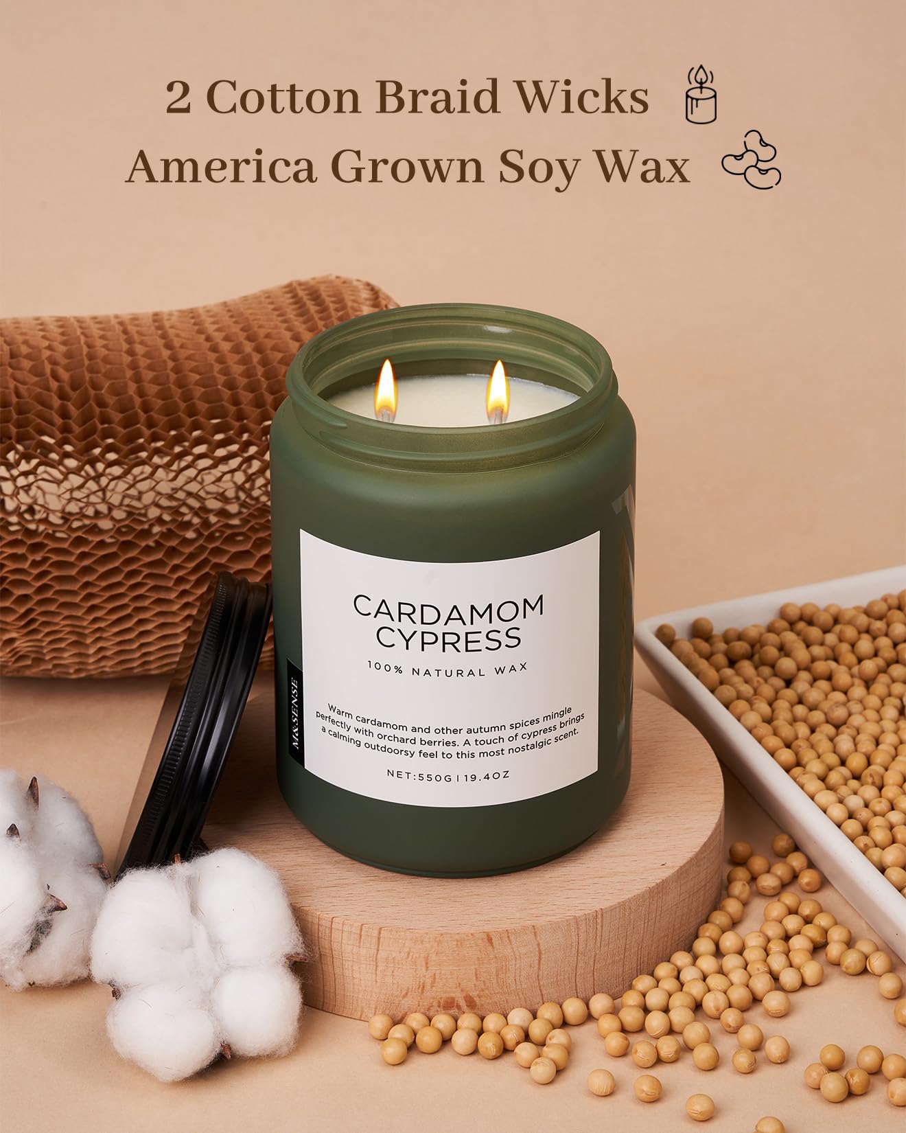 Cardamom Cypress candle with cotton braid wicks and soy wax on a wooden surface.