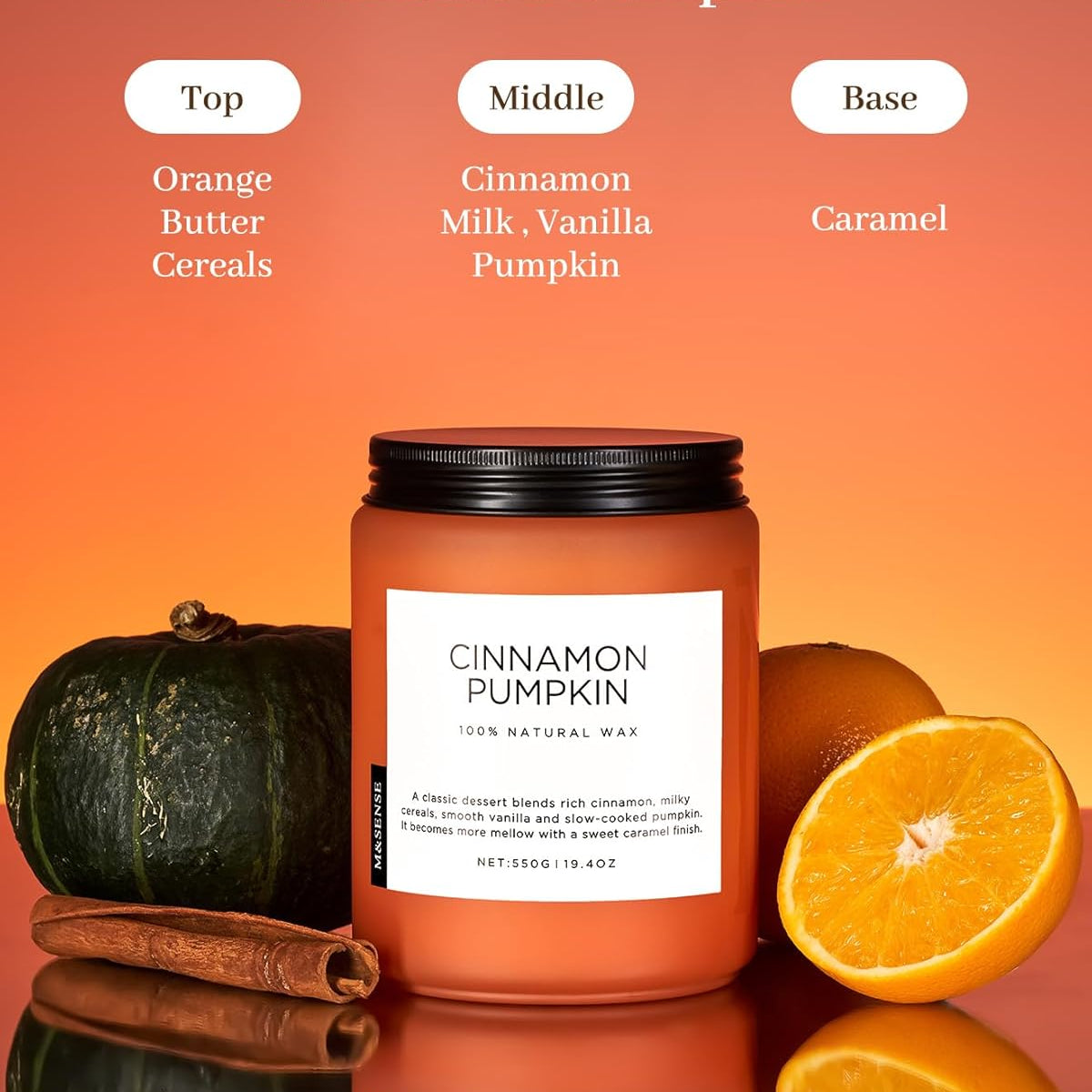 Cinnamon Pumpkin candle with ingredients listed on an orange gradient background