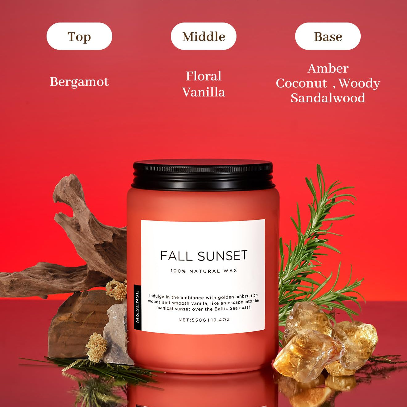 Candle labeled 'Fall Sunset' with ingredients listed on a red background
