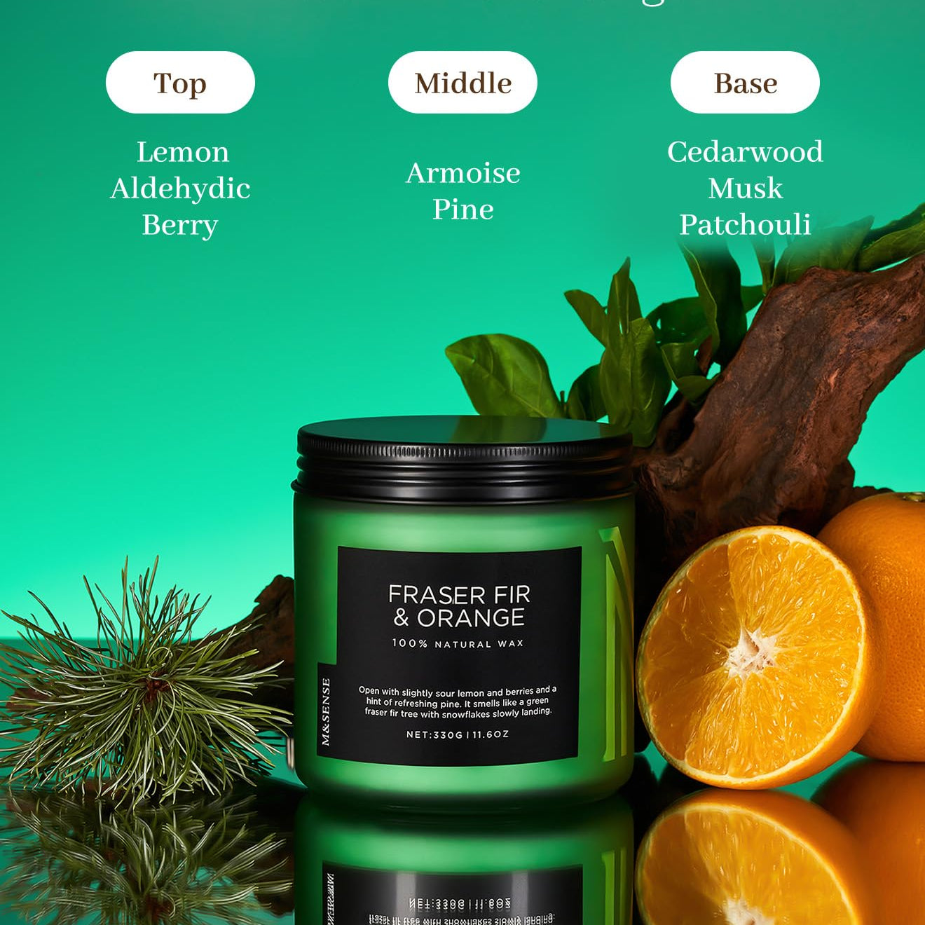 Green candle labeled 'Fraser Fir & Orange' with botanical elements on a green background