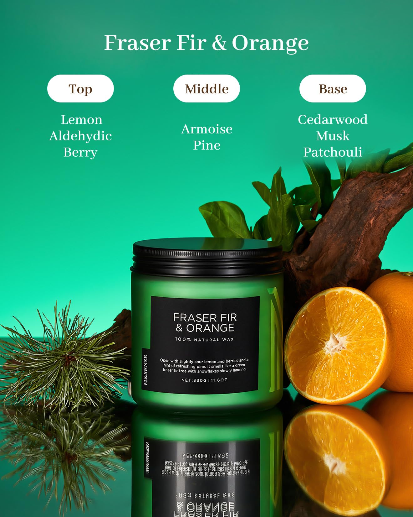 Green candle labeled 'Fraser Fir & Orange' with botanical elements on a green background