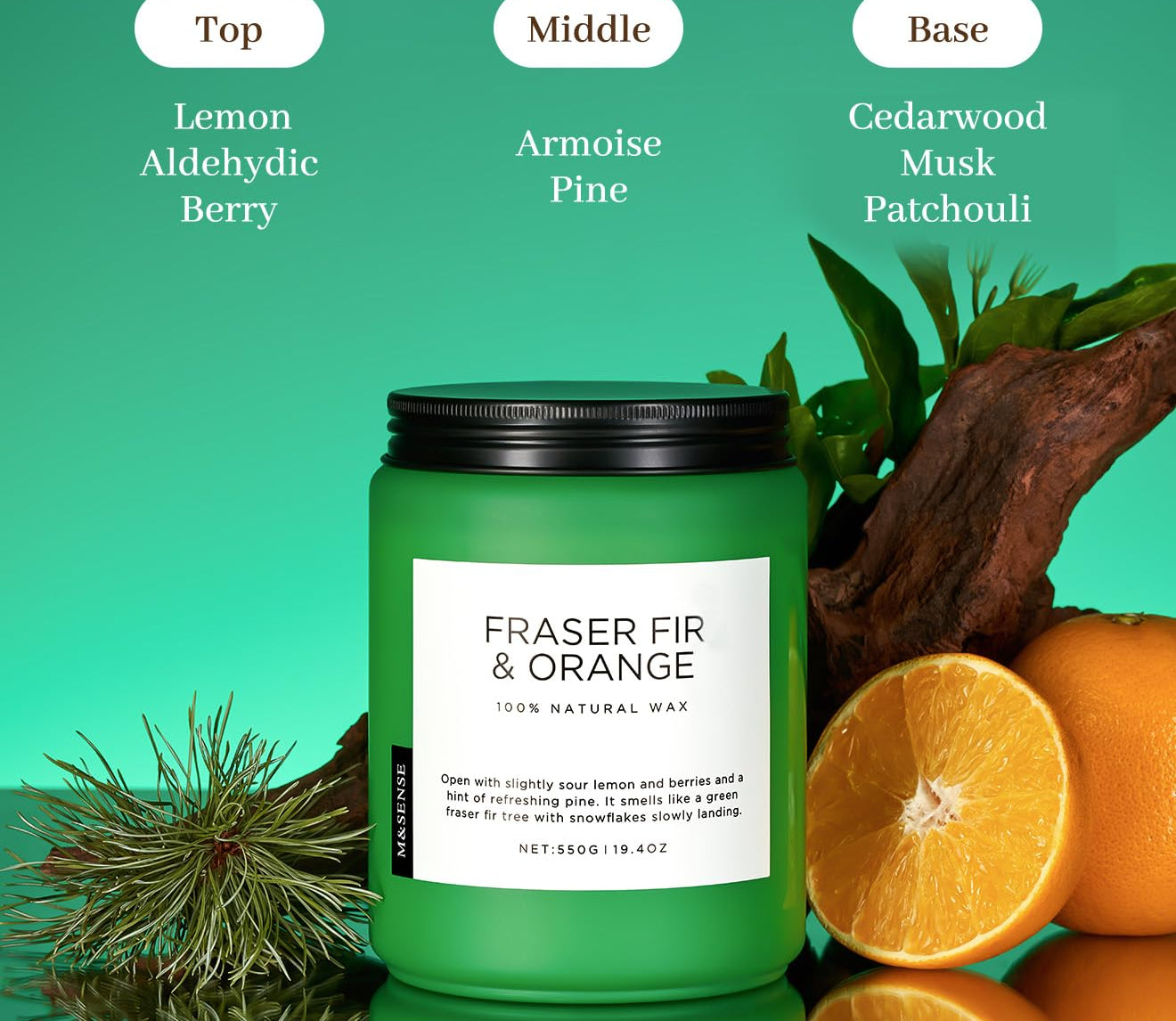 Green candle labeled 'Fraser Fir & Orange' with elements of fir and oranges on a green background