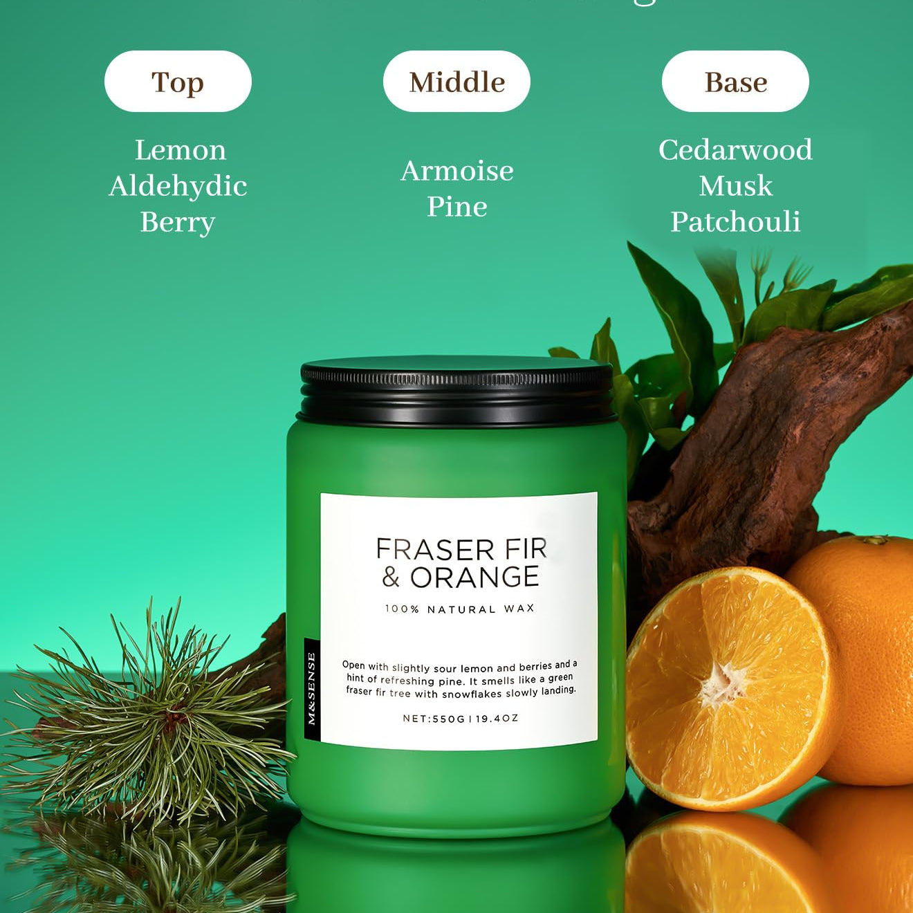 Green candle labeled 'Fraser Fir & Orange' with elements of fir and oranges on a green background