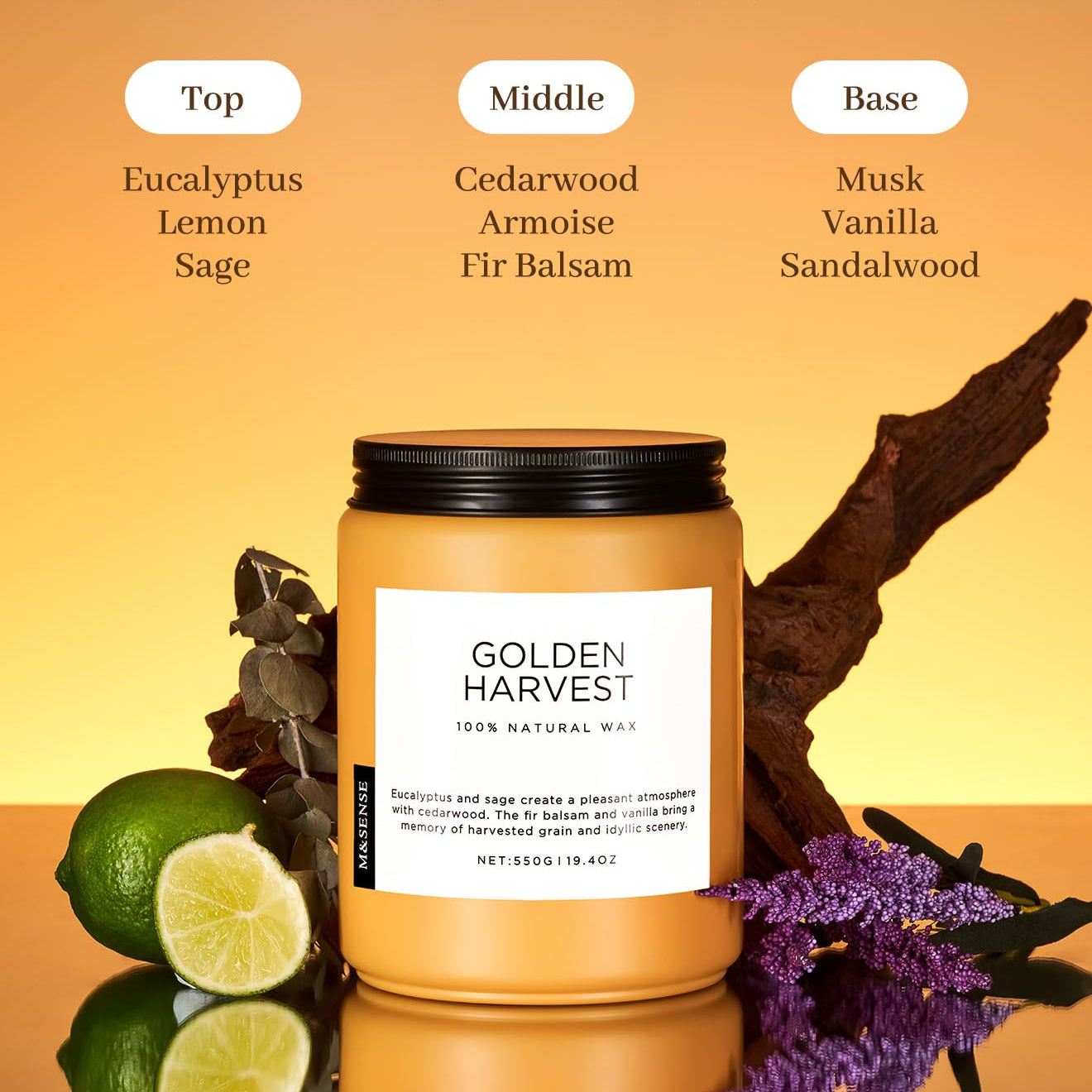 Candle labeled 'Golden Harvest' with fragrance notes on a warm background