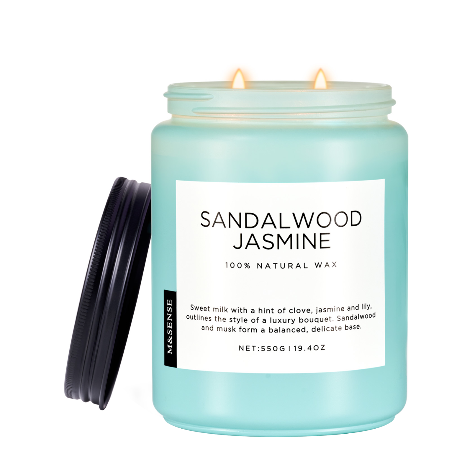 Candle in a jar labeled 'Sandalwood Jasmine' with a white label on a white background