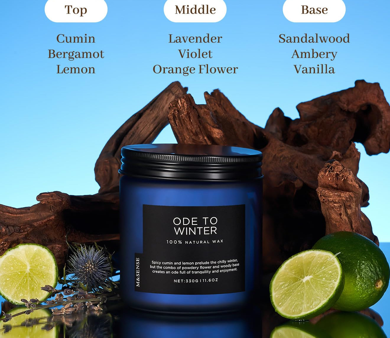 Candle labeled 'Ode To Winter' with natural elements on a blue background