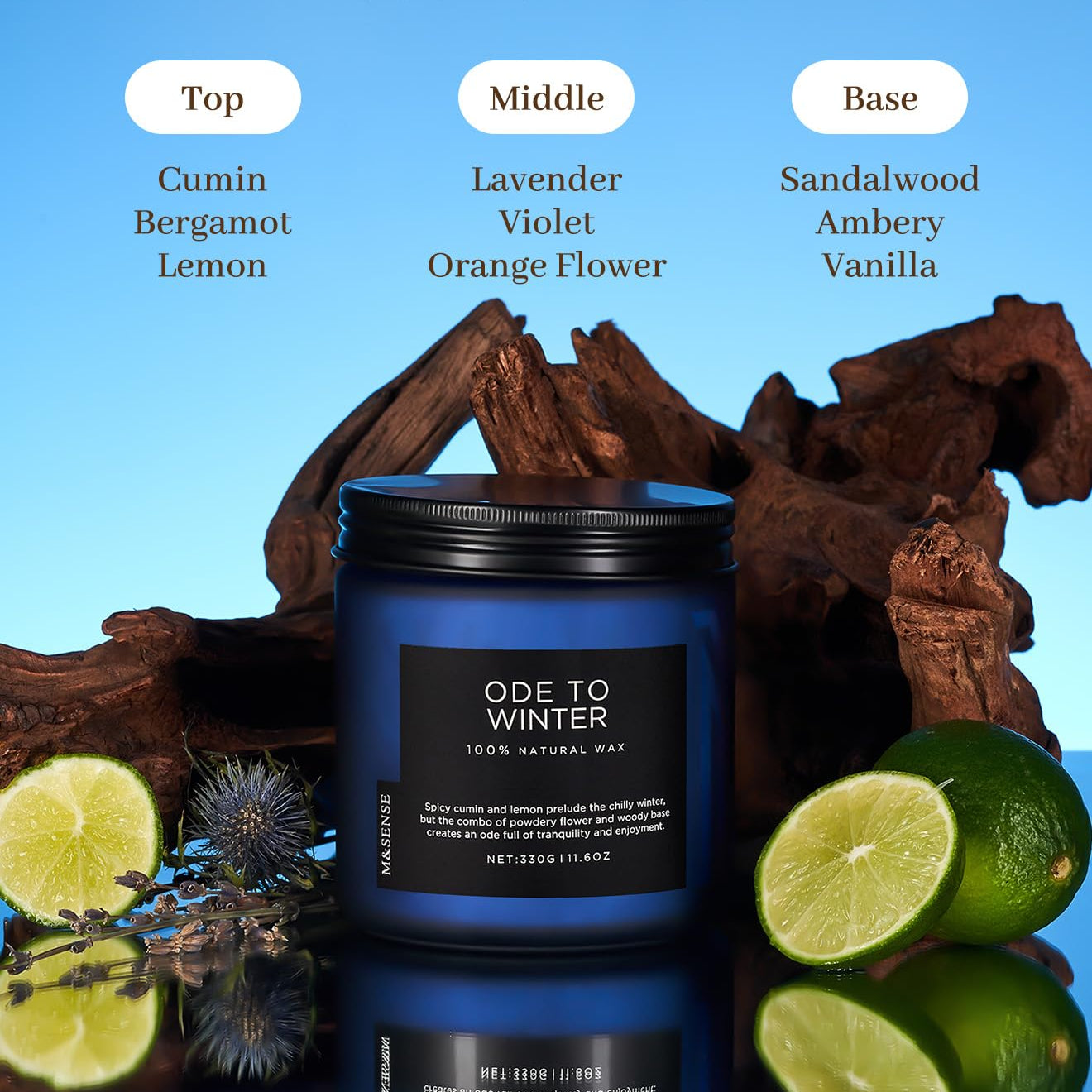 Candle labeled 'Ode To Winter' with natural elements on a blue background
