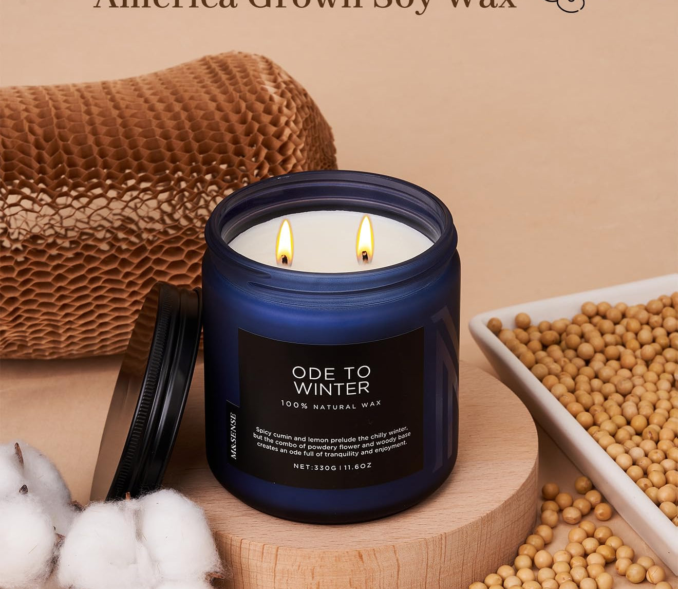 Candle with cotton braid wicks and soy wax on a beige background