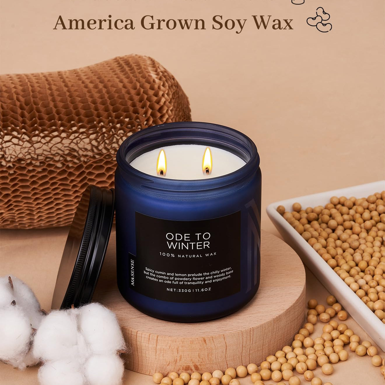 Candle with cotton braid wicks and soy wax on a beige background