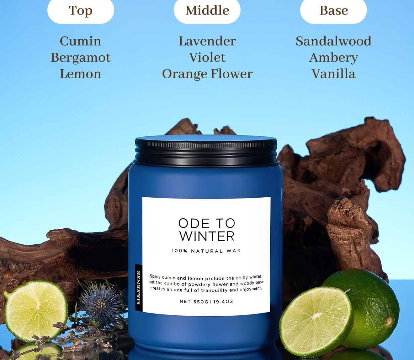 Candle labeled 'Ode To Winter' with fragrance notes on a blue background