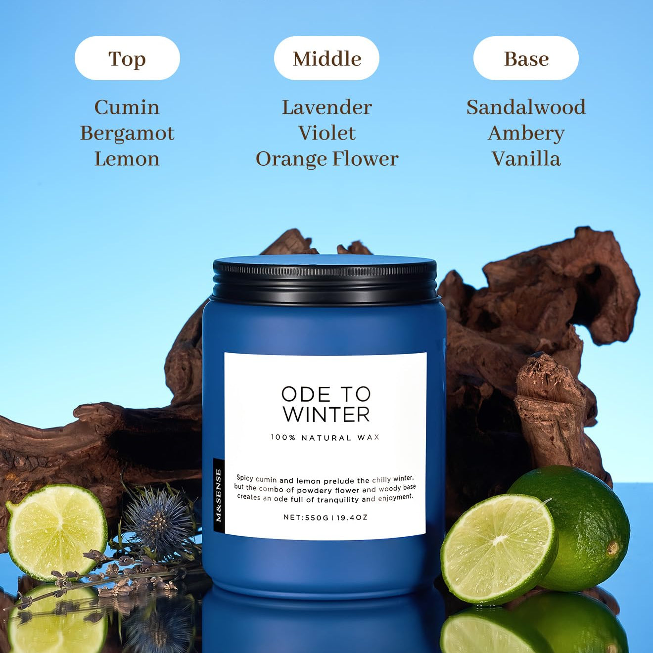 Candle labeled 'Ode To Winter' with fragrance notes on a blue background