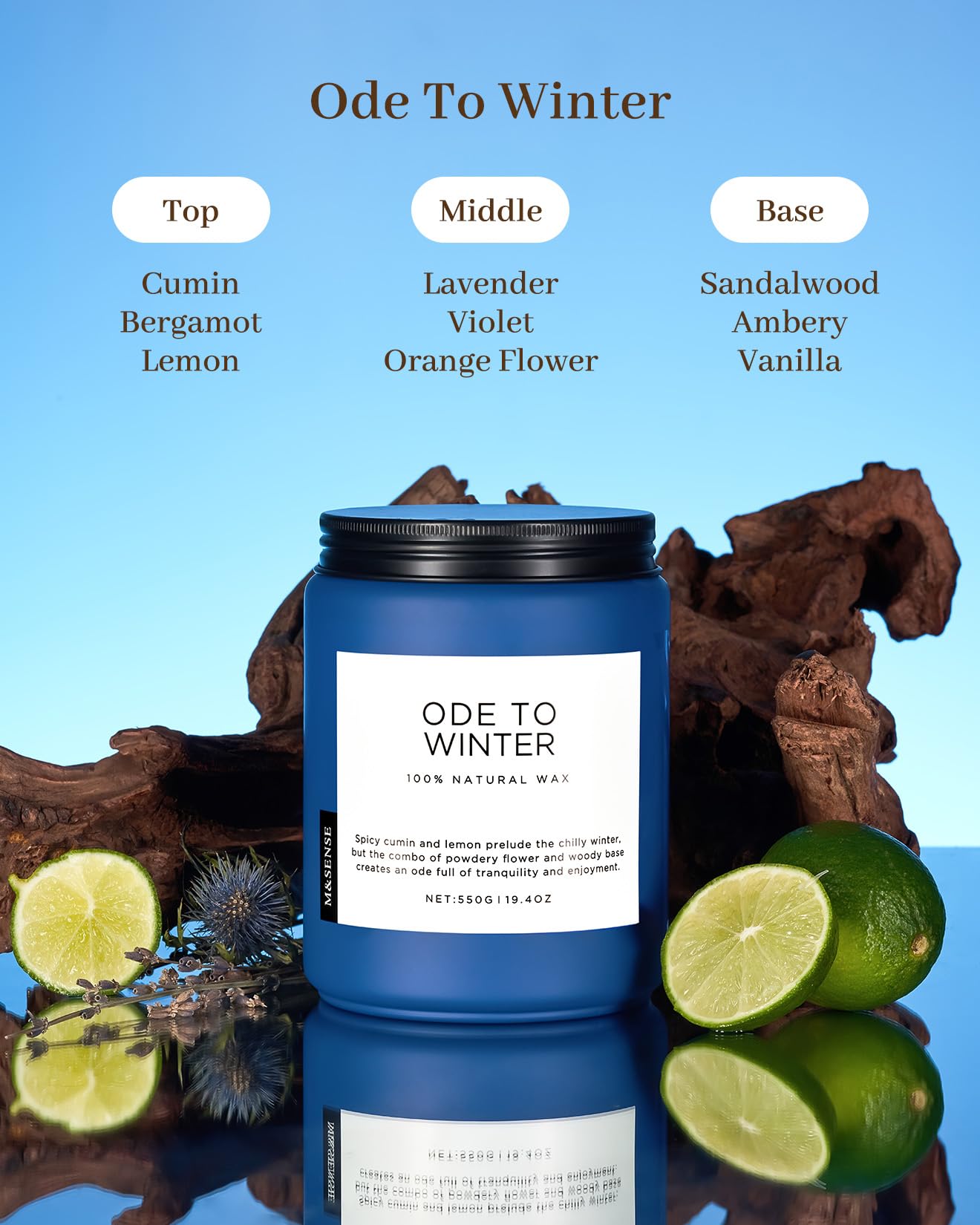 Candle labeled 'Ode To Winter' with fragrance notes on a blue background
