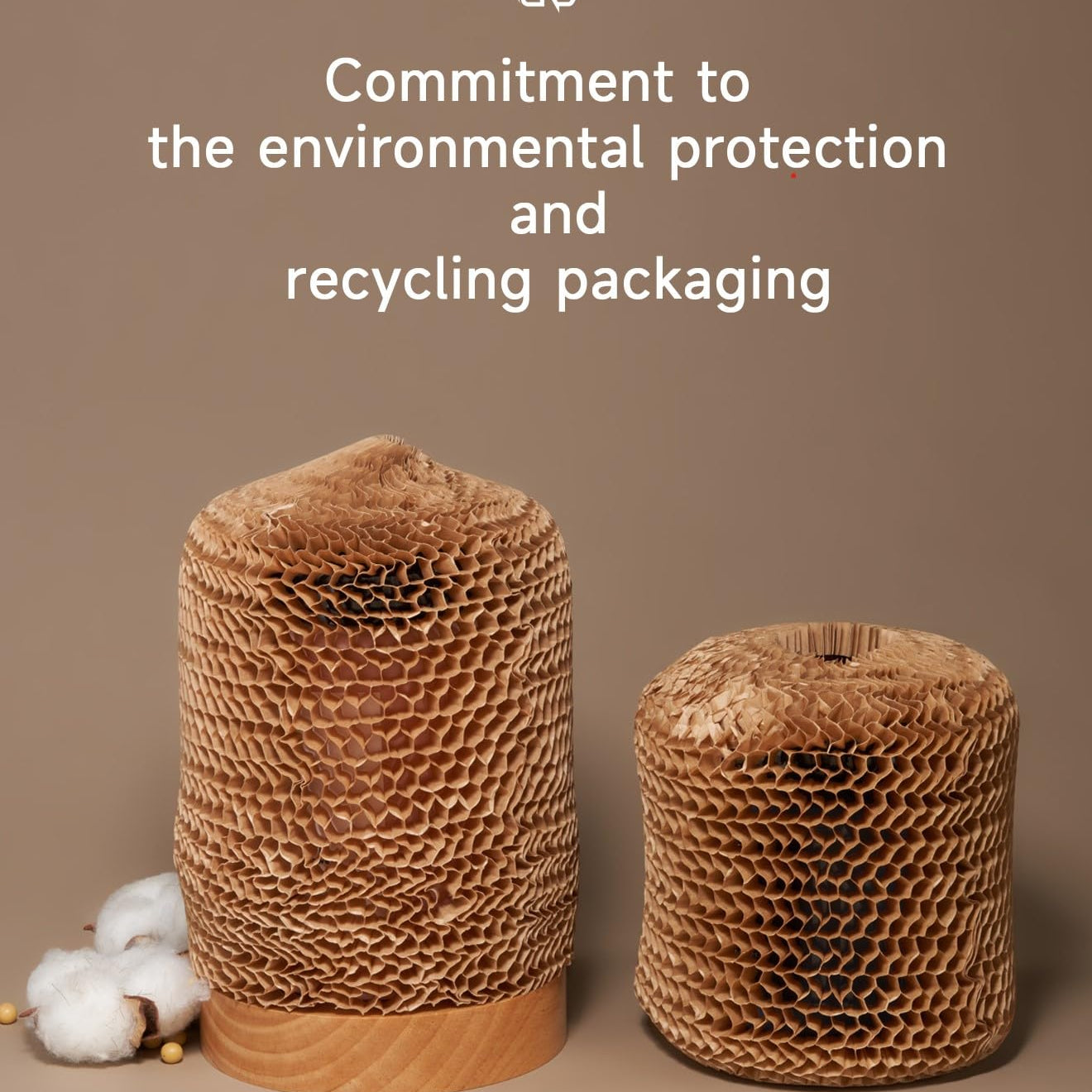 Two cardboard packaging containers with a brown background and text about environmental protection and recycling.
