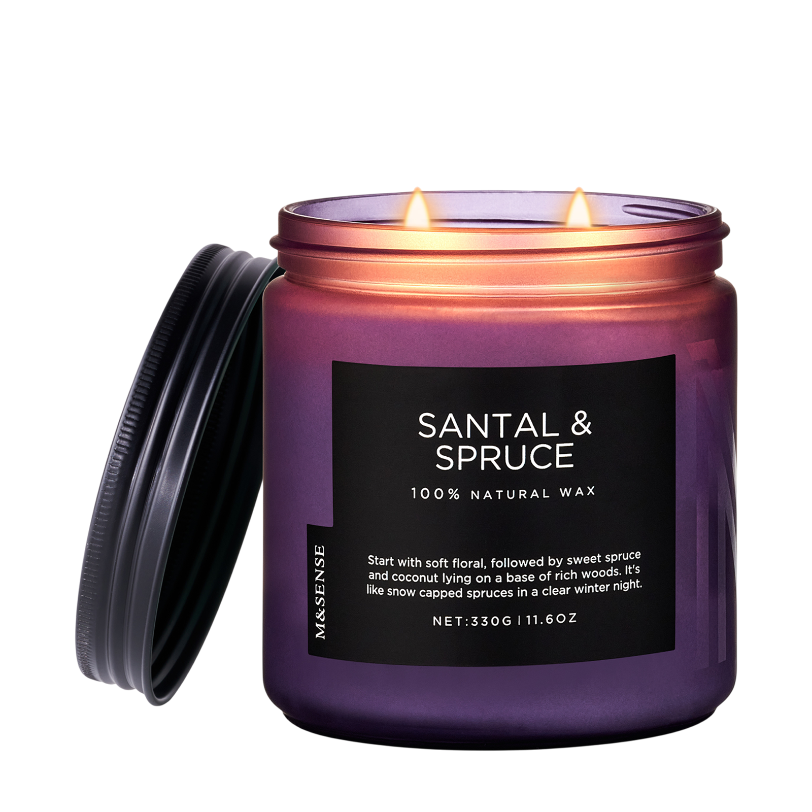 Purple candle with a black label on a white background